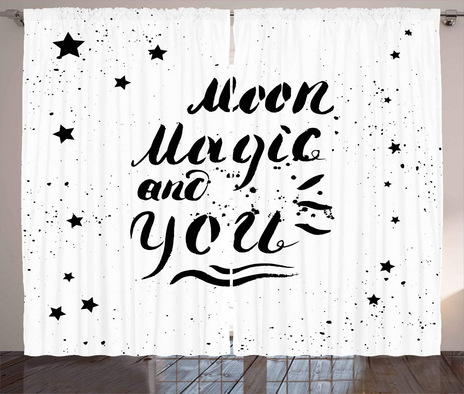 Ambesonne Romantic Moon Magic Curtains - Modern Brush Pen Calligraphy with Stars, Black & White Window Drapes (2 Panels, 108