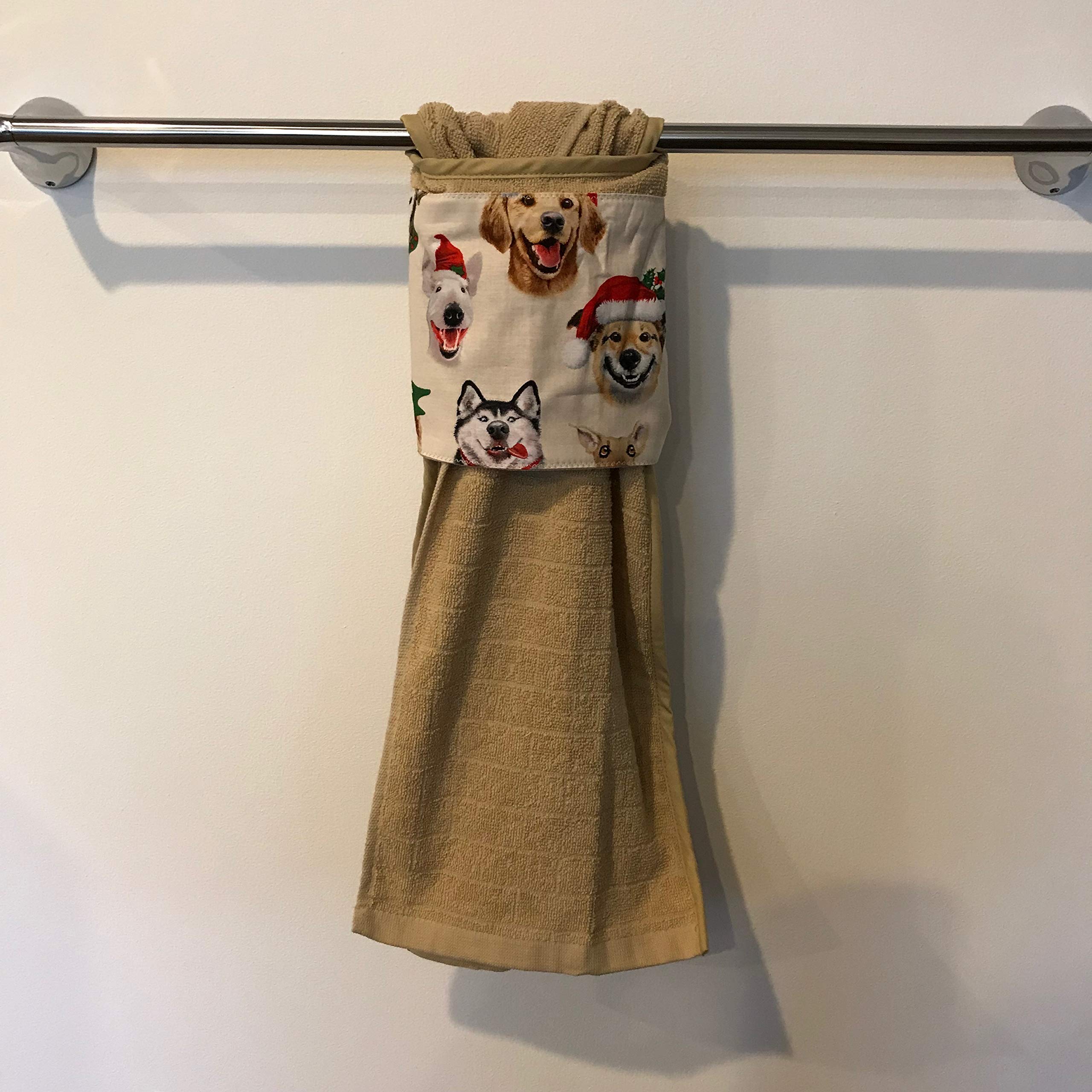 Christmas Beige Kitchen Hand Towel with X'Mas Dog Selfies Patch - 17x27 Inches - Holiday Decor & Gift - Perfect for Festive Kitchens, Bathrooms & Christmas Decorations