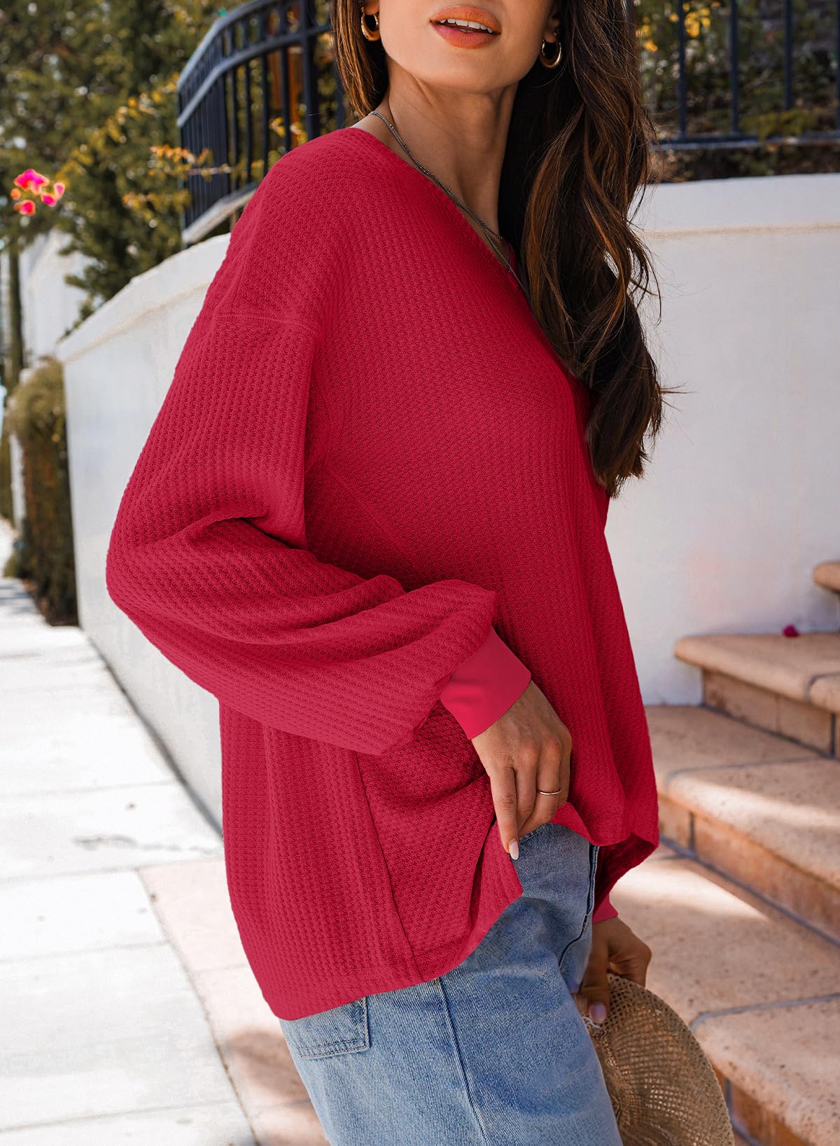 Women's Waffle Knit Long Sleeve V-Neck Oversized T-Shirt - 2025 Fashion Casual Blouse with Lantern Sleeves | Perfect for Everyday Wear, Office Outfits & Weekend Relaxation