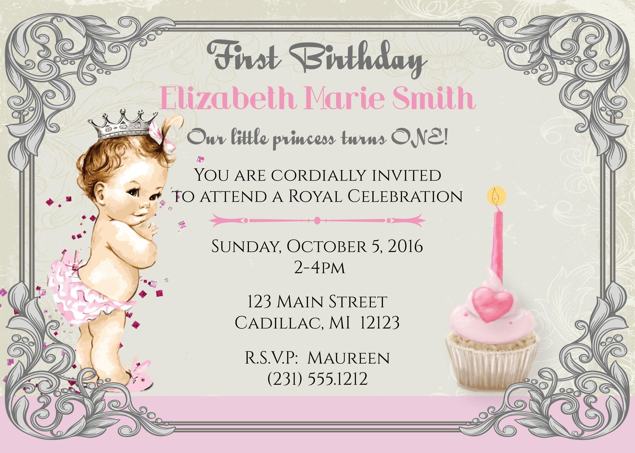Vintage Princess 1st Birthday Party Invitations - Elegant Customizable Cards for Baby Girl's First Birthday Celebration - Perfect for Princess Theme Parties, Baby Showers & Special Milestone Events