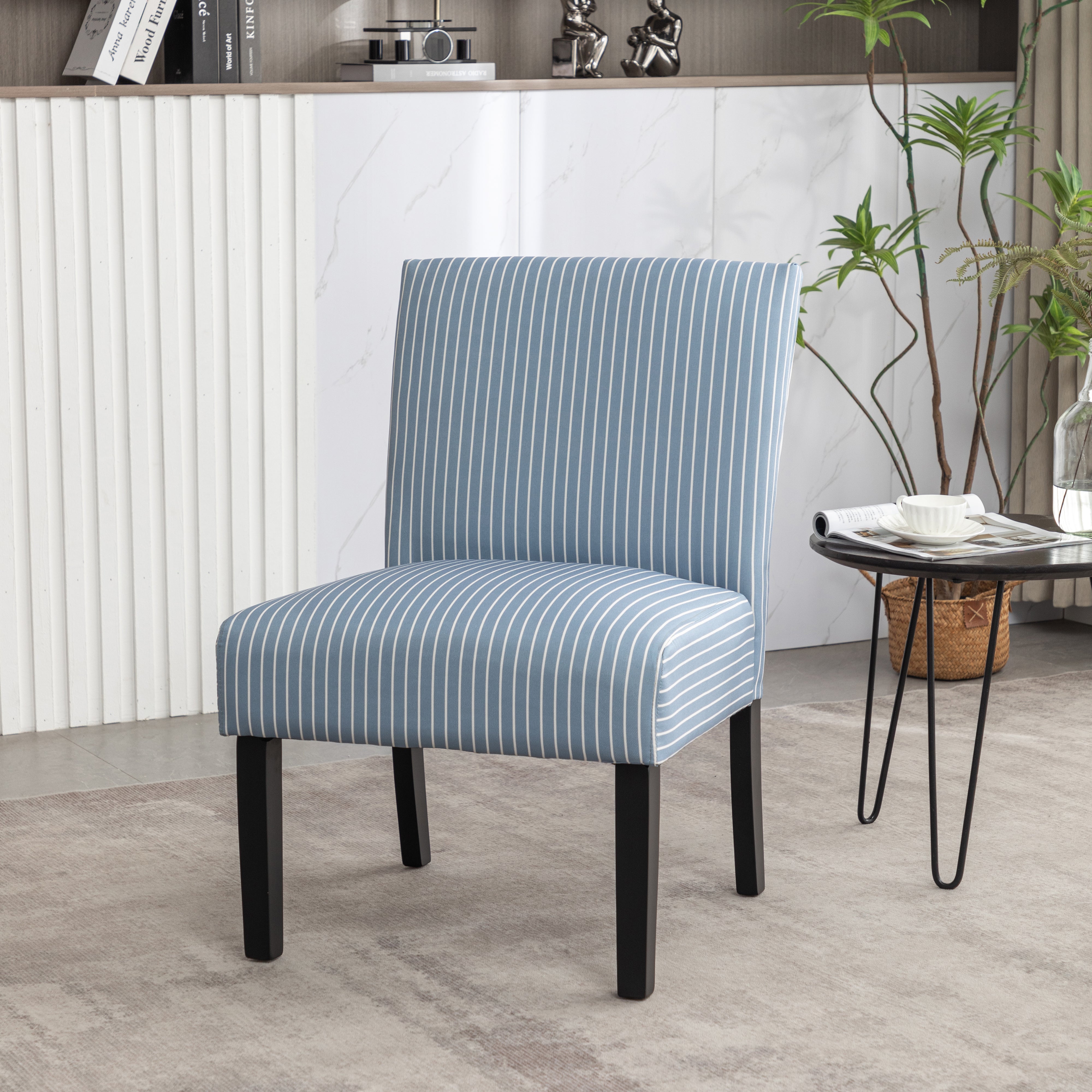 Roundhill Furniture Boten Stripe Upholstered Slipper Accent Chair - Blue Velvet Small Living Room Chair for Bedroom, Office & Reading Nook
