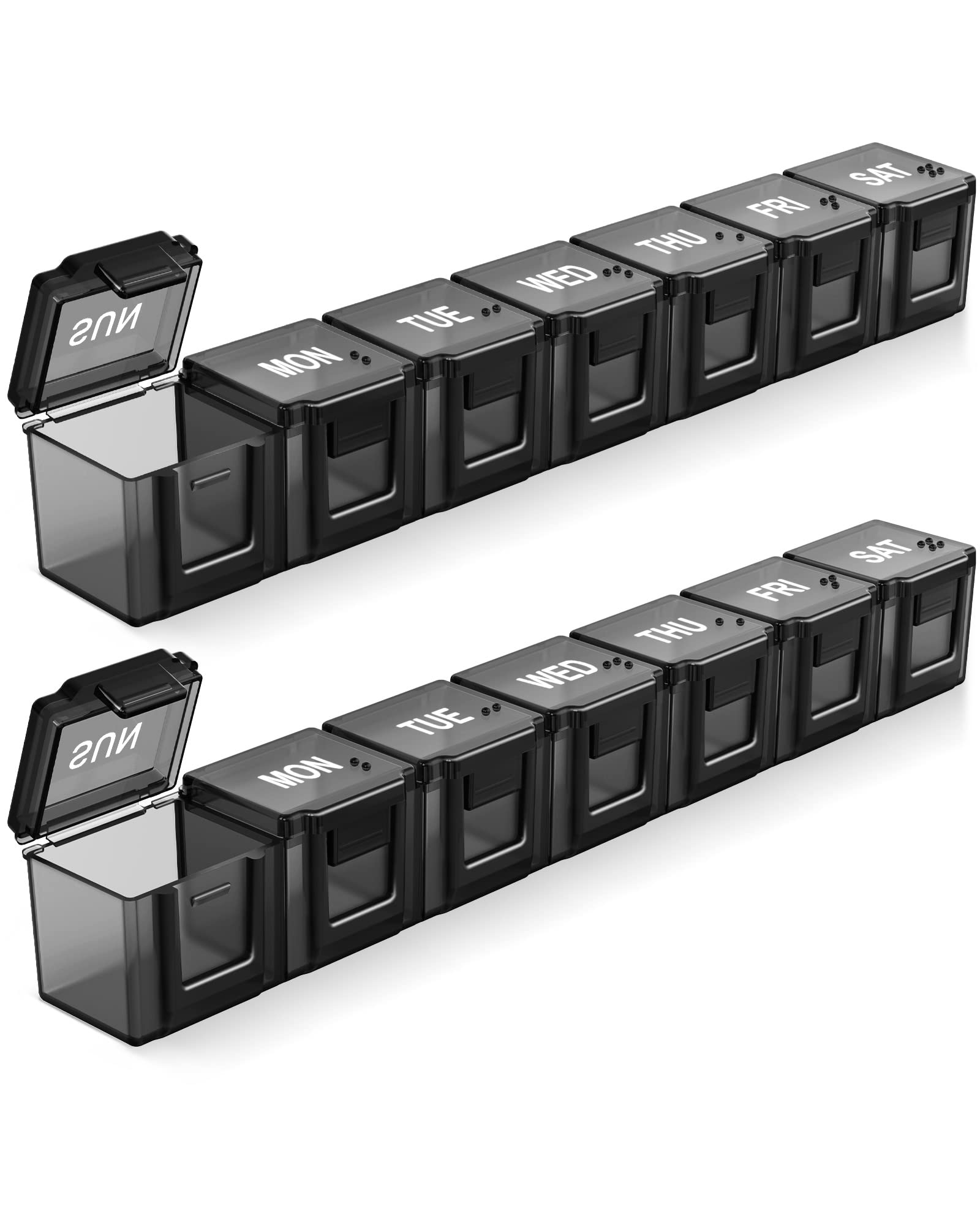 PULIV 2-Pack Weekly Pill Organizer with Large 7-Day Compartments - Daily Vitamin & Medication Box for Pills, Fish Oil, Supplements - Perfect for Travel, Home & Office Use - Black