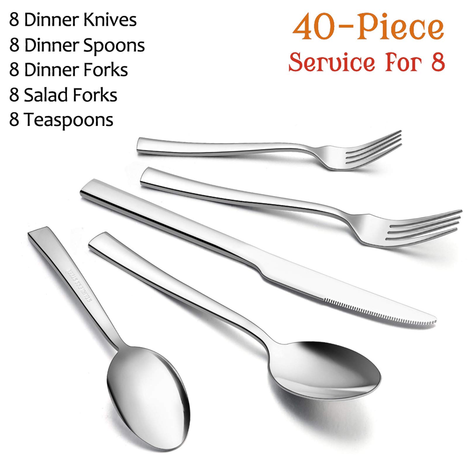 40-Piece Stainless Steel Flatware Set for 8 - Modern Silverware Cutlery Set with Square Edge & Mirror Finish - Dishwasher Safe for Home, Restaurant & Dinner Parties - Elegant Tableware for Everyday Meals, Special Occasions & Catering Events
