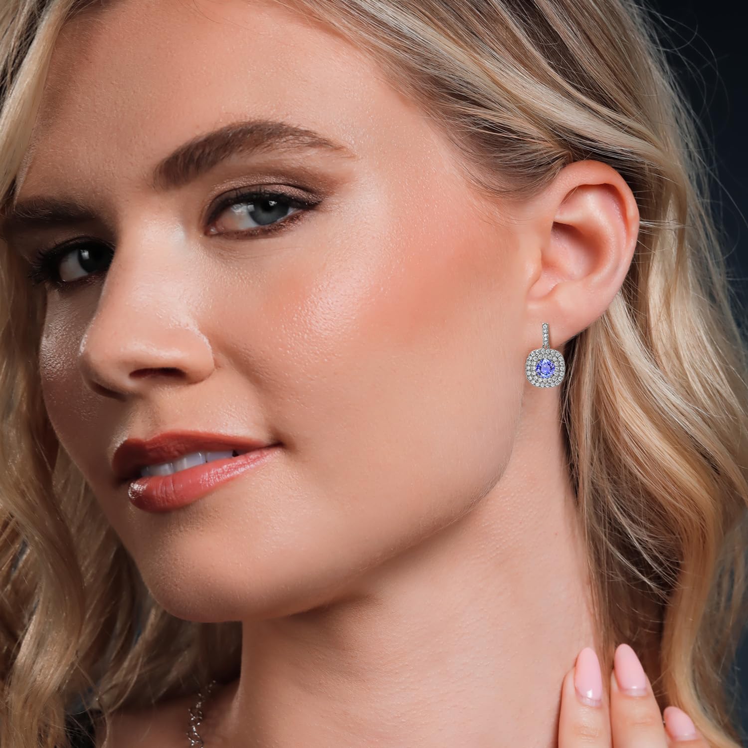Gem Stone King 6MM Round Gemstone Birthstone Drop Dangle Double Halo Earrings For Women | Sterling Silver Dainty Jewelry | Perfect Gift for Birthday, Anniversary & Special Occasions