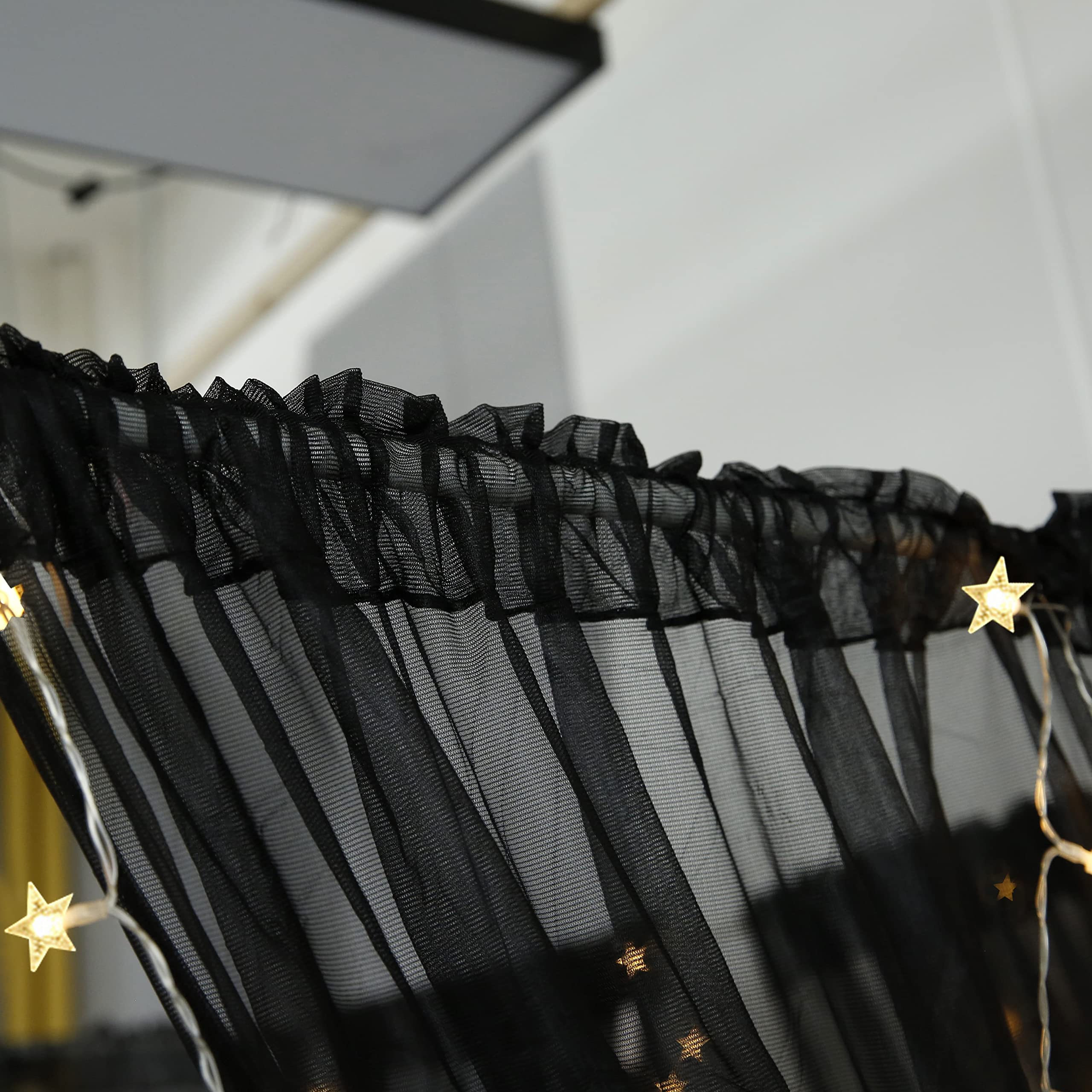 Elegant Black Sheer Canopy Curtains for Girls' Room - 8 Panels with Lights, Twin/Full/Queen/King Size Bed Drapes, Perfect for Bedroom Decor & Princess-Themed Sleepovers