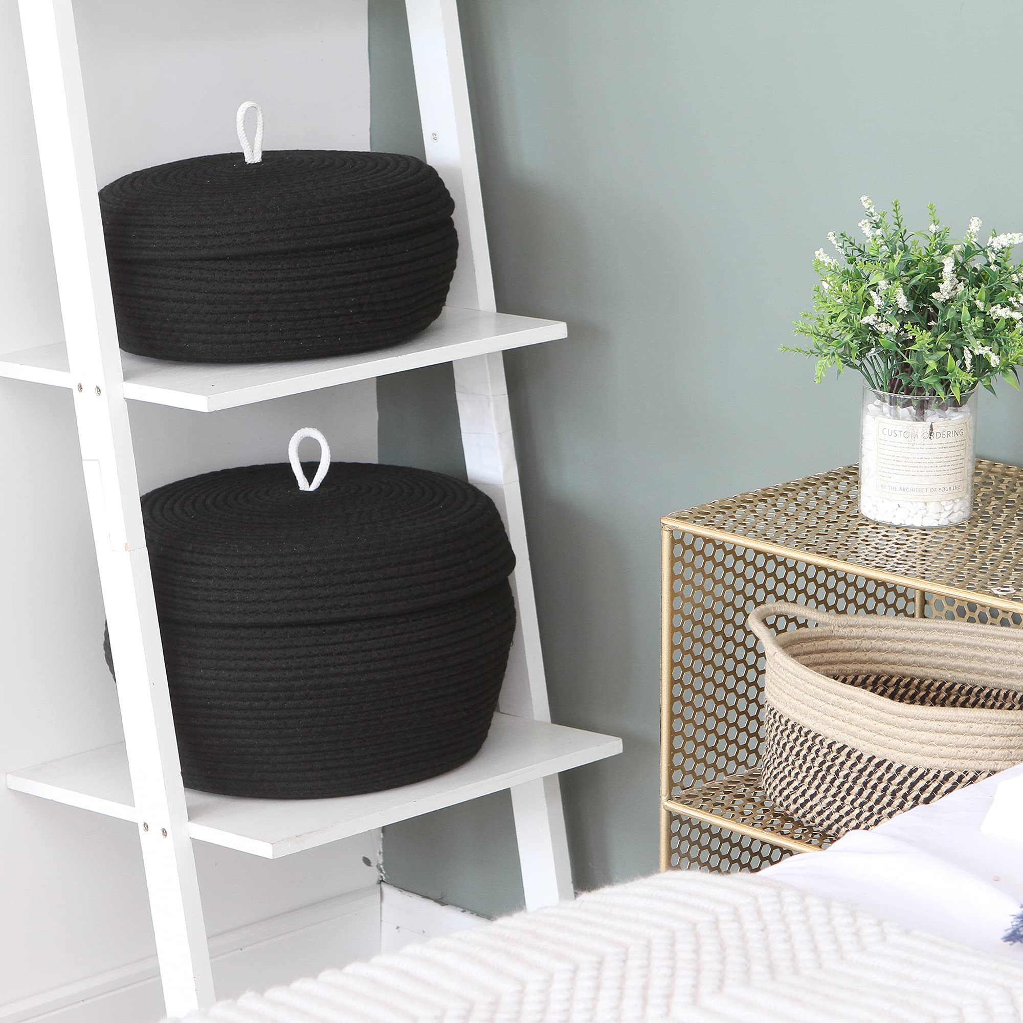 Sea Team Round Cotton Rope Storage Basket with Lid - Decorative Woven Organizer Bin for Home, Kitchen, Bathroom & Nursery - Perfect for Snacks, Towels, Toys, Plants & More - 13 x 5.5 Inches (Large, Shallow, Black) - Ideal for Shelf, Countertop & Closet Organization