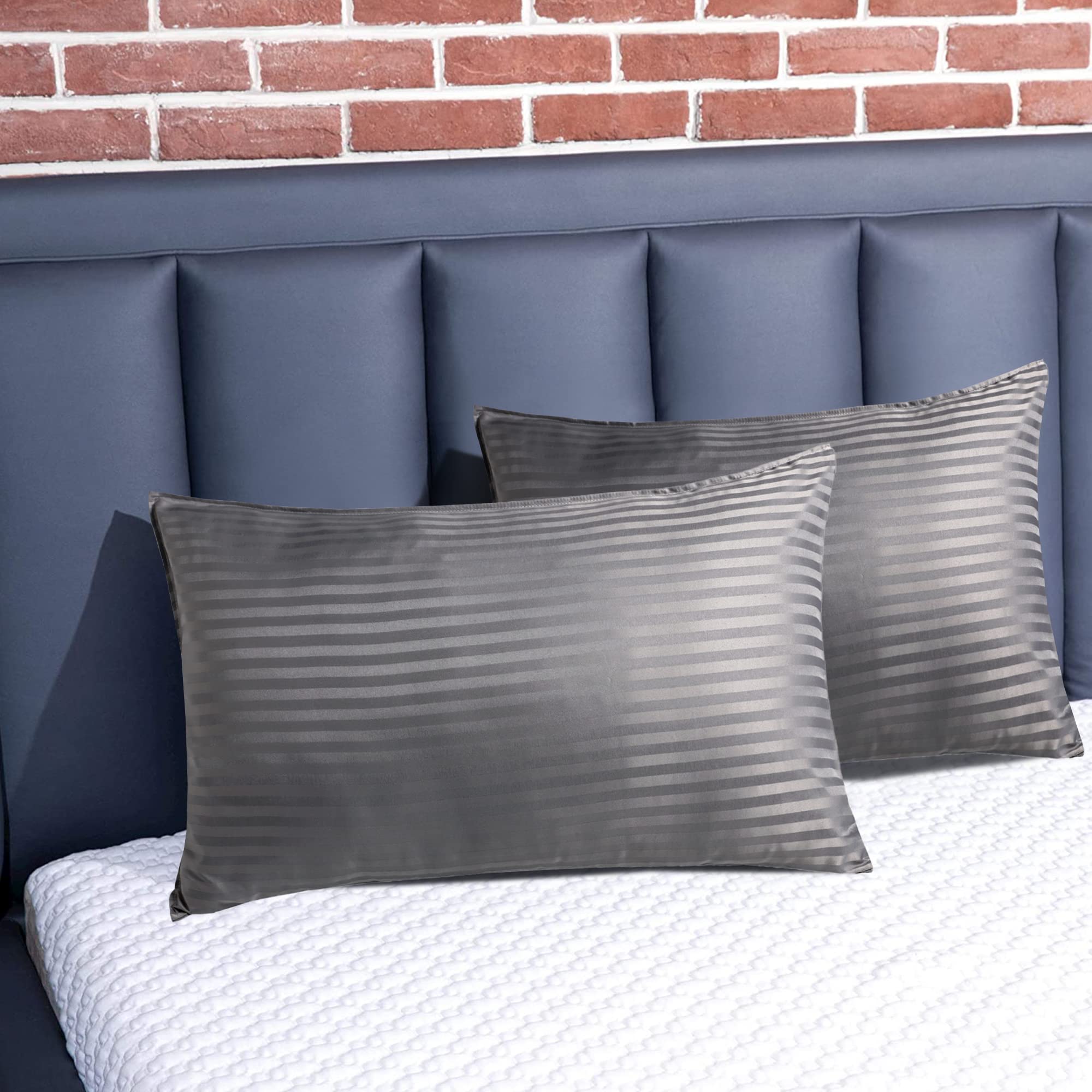 Luxury Satin Silk Pillowcase Set of 2 - Queen Size Silk Pillow Covers for Hair & Skin Care, Soft Cooling Pillowcase with Envelope Closure (Dark Grey Striped) - Perfect for Beauty Sleep & Bedroom Decor