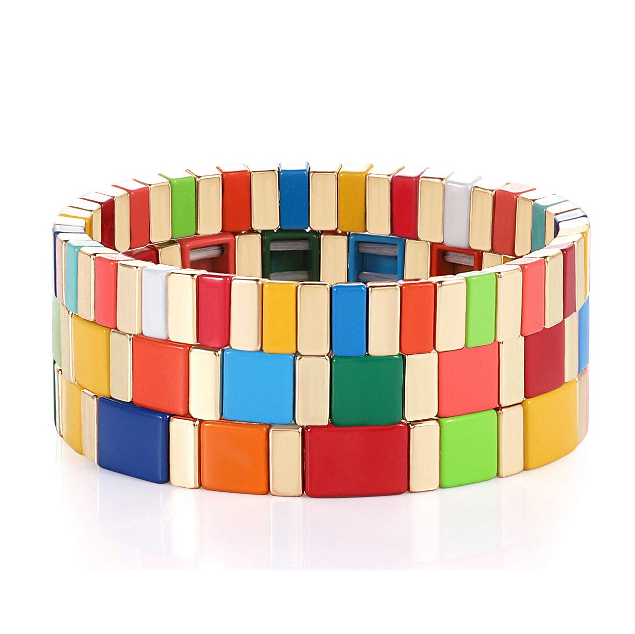 ANGLESJELL Enamel Tile Bracelets - Rainbow Colorful Rectangle Beaded Stretch Bracelets for Women & Girls, Stackable Layered Bangle Jewelry - Perfect for Casual Wear, Gift Giving, and Festival Outfits