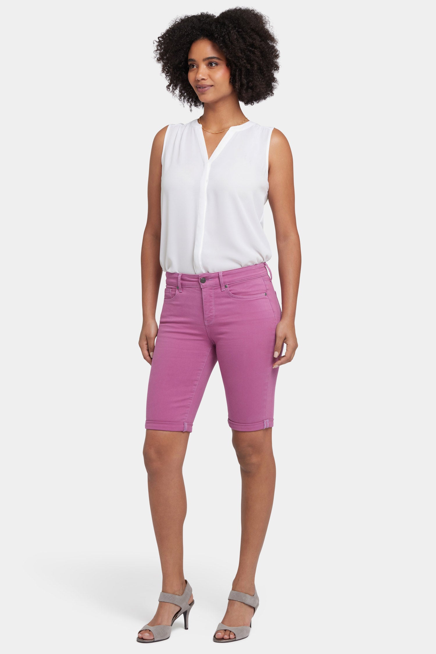 Briella 11 Inch Denim Shorts for Women - Red Violet High Waisted Stretch Jean Shorts | Perfect for Summer, Beach, and Casual Outfits