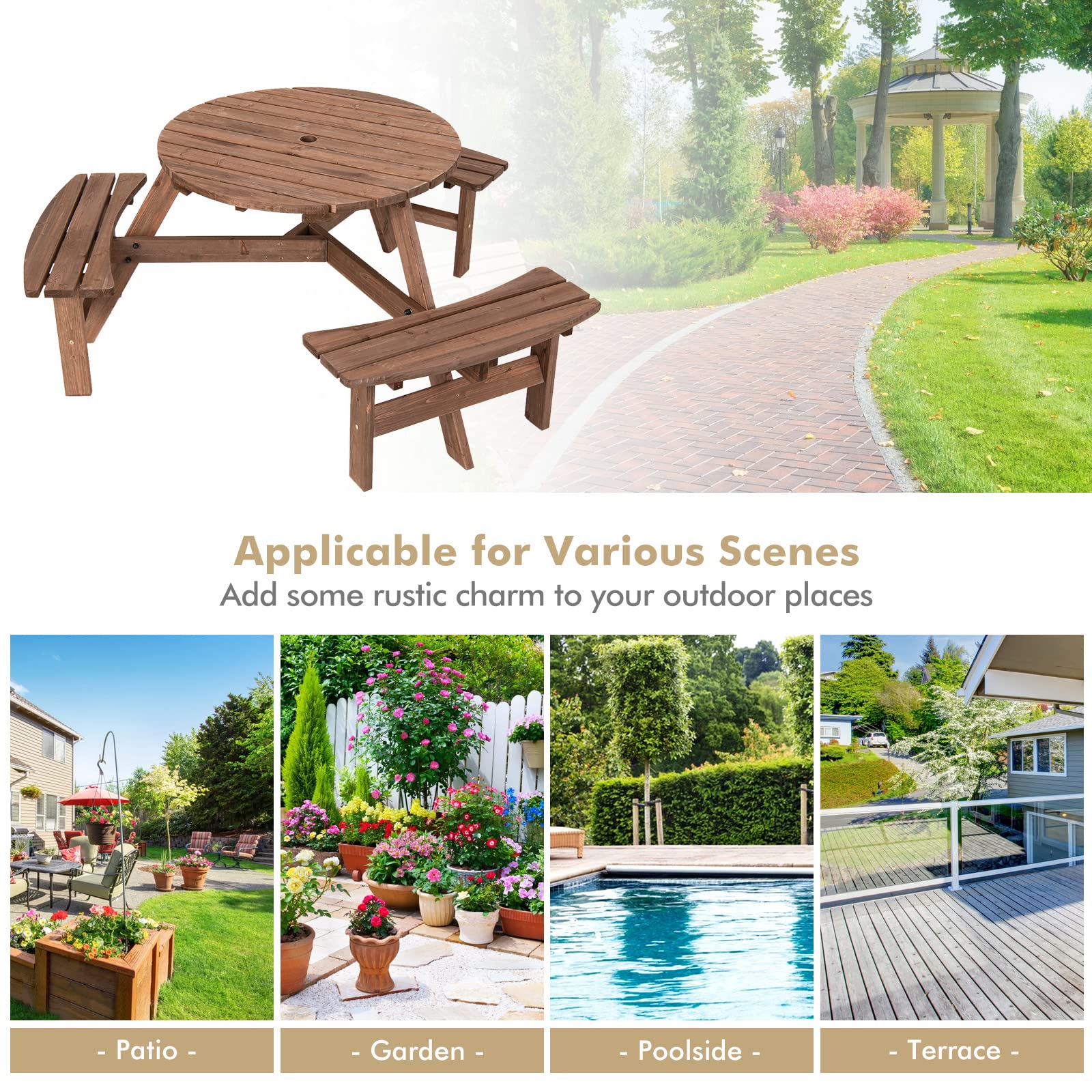 Tangkula 6-Person Outdoor Wooden Picnic Table Set with 3 Built-in Benches & Umbrella Hole - 500lbs Capacity per Bench - Perfect for Garden, Backyard, Patio, Park, and Camping