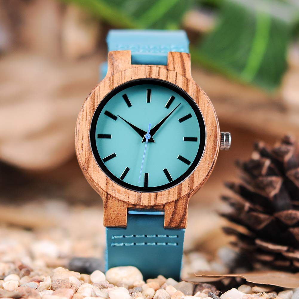 BOBO BIRD Bamboo Wooden Watch for Men & Women - Blue Cowhide Leather Strap Casual Wristwatch - Perfect Gift for Anniversary & Couples - Ideal for Everyday Wear, Office & Outdoor Activities