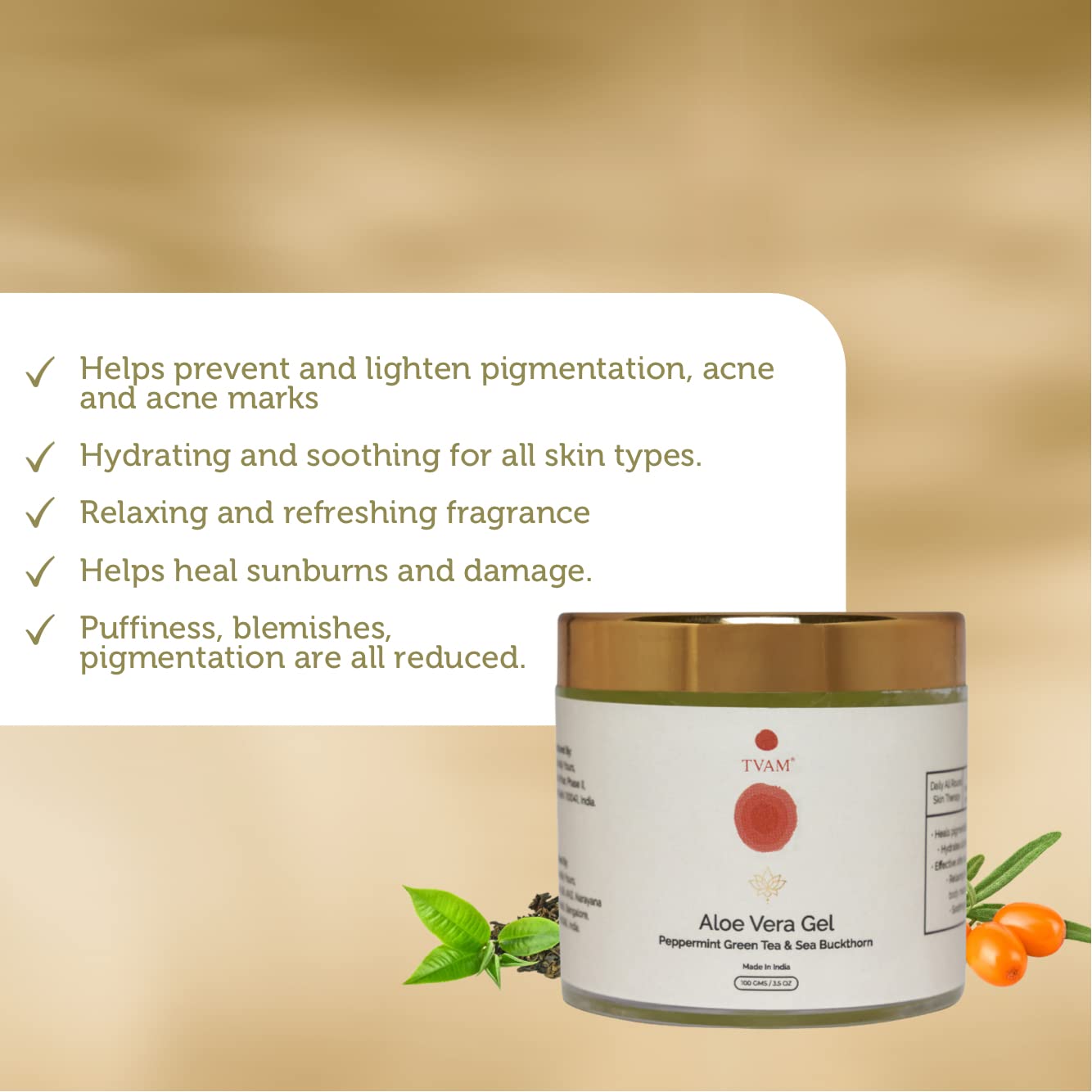 TVAM Peppermint Green Tea & Sea Buckthorn Aloe Vera Gel - Hydrating Face Moisturizer for Normal to Oily Skin | Treats Dryness, Sun Damage, Wrinkles & Dullness | 100g | Perfect for Daily Skincare Routine & Post-Sun Care