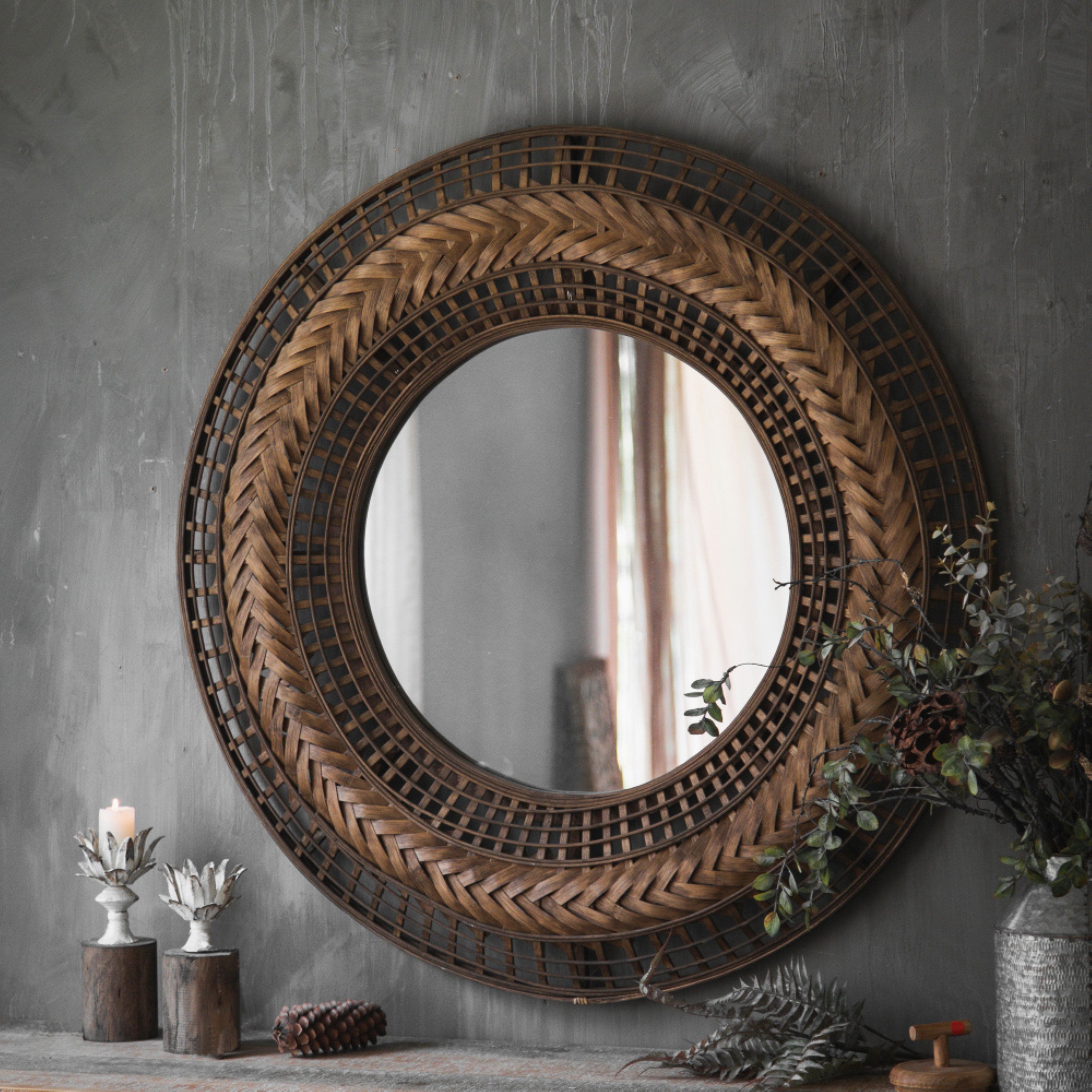 Round Brown Wicker Mirror - Zulu Design by Urban Style - Perfect for Boho Home Decor, Bedroom & Living Room Wall Accent