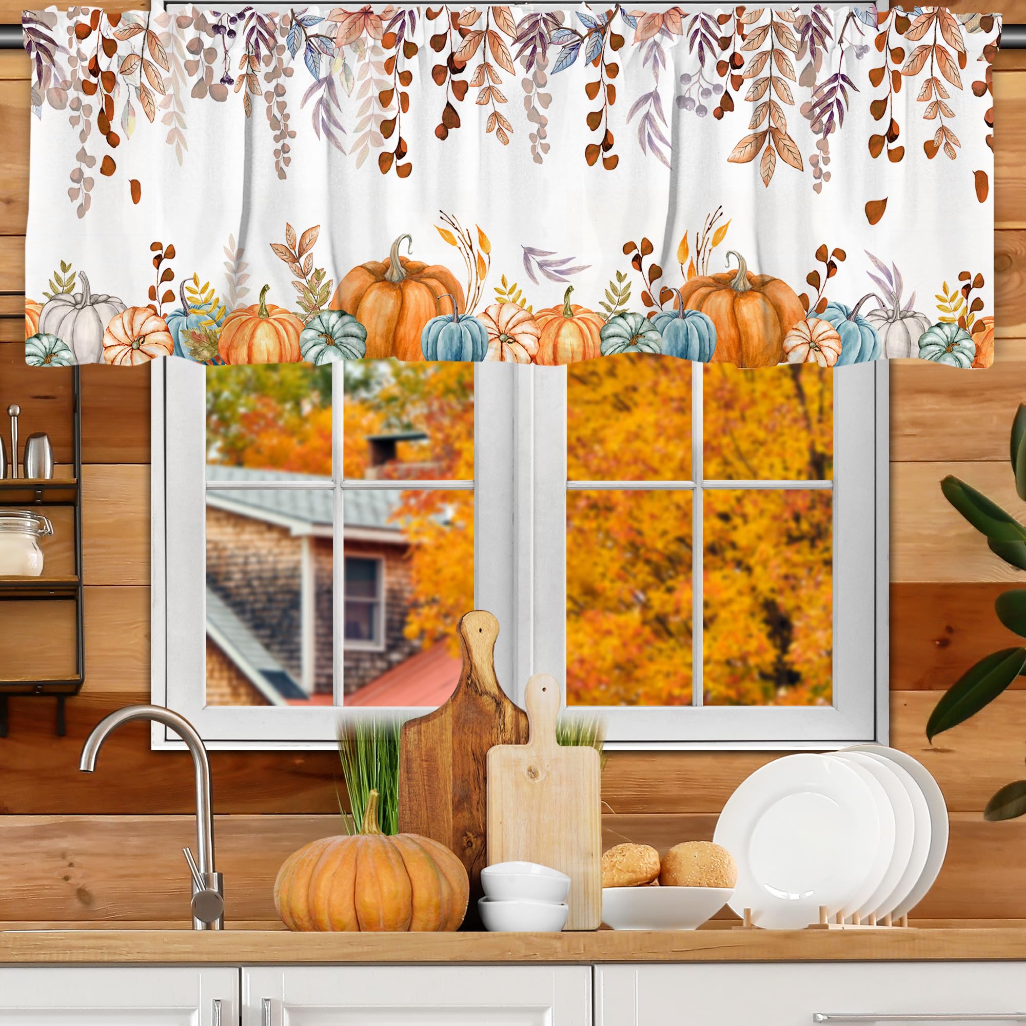 Orange Maple Leaf Pumpkin Curtain Valance - 54x18 Inch Fall Kitchen Decor with Rod Pocket for Small Windows | Thanksgiving Home Decor for Living Room & Bedroom | Seasonal Autumn Window Treatment for Cozy Home Atmosphere