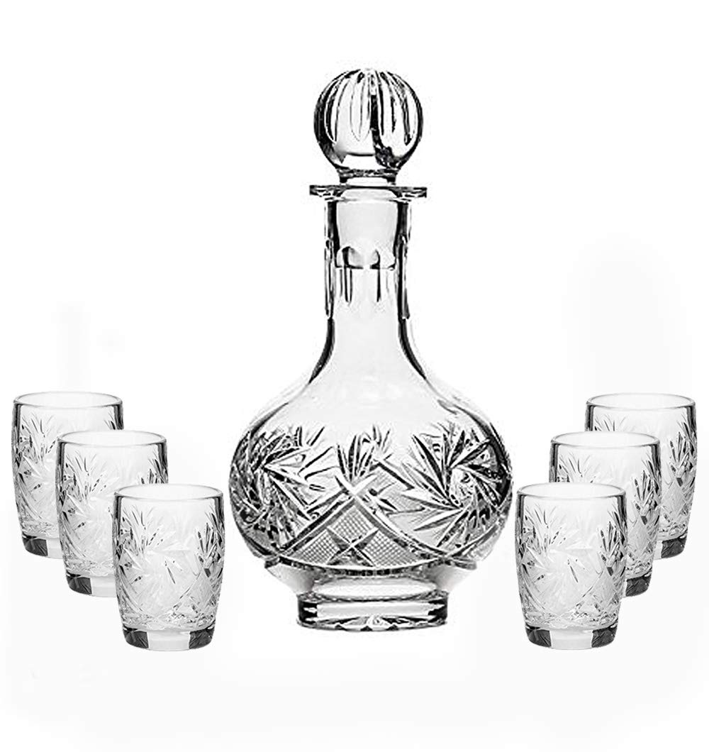 7-Piece Russian Crystal Vintage Vodka Set - 16-Oz Decanter Carafe with 6 Shot Glasses - Elegant Old-Fashioned Glassware for Home Bar, Dinner Parties & Gift Giving (4319)