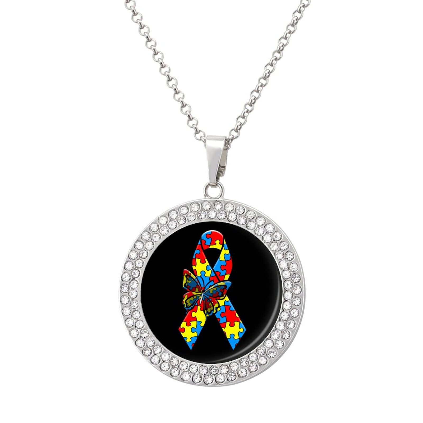 Autism Awareness Ribbon Necklace for Women - Diamond Accent Round Pendant Jewelry - Thoughtful Gift for Autism Support & Awareness - Perfect for Everyday Wear, Special Occasions & Charity Events