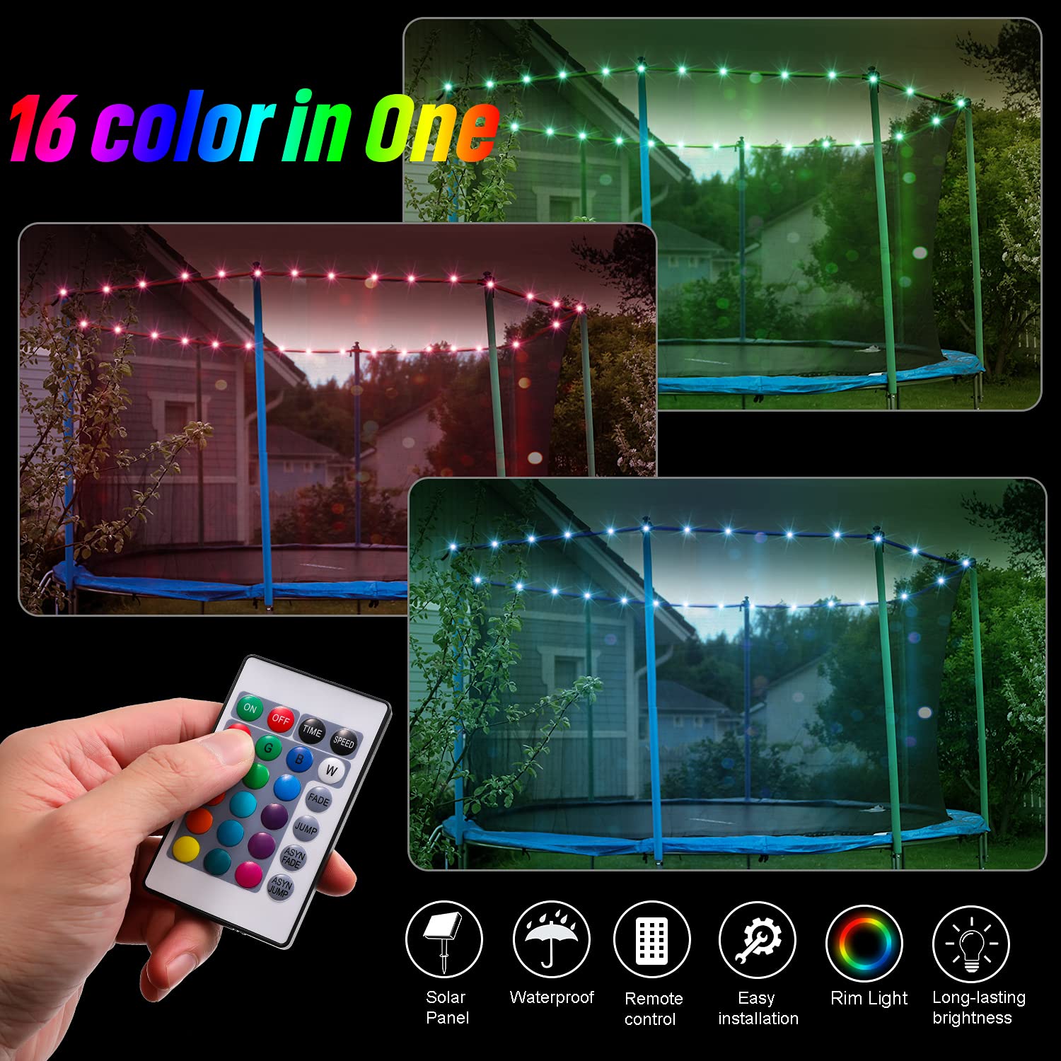 Solar Powered LED Trampoline Lights with Remote Control - 16 Color Changing Waterproof Jumping Mat Lights for 12ft Trampoline | Perfect for Nighttime Backyard Fun, Outdoor Parties & Kids Playtime
