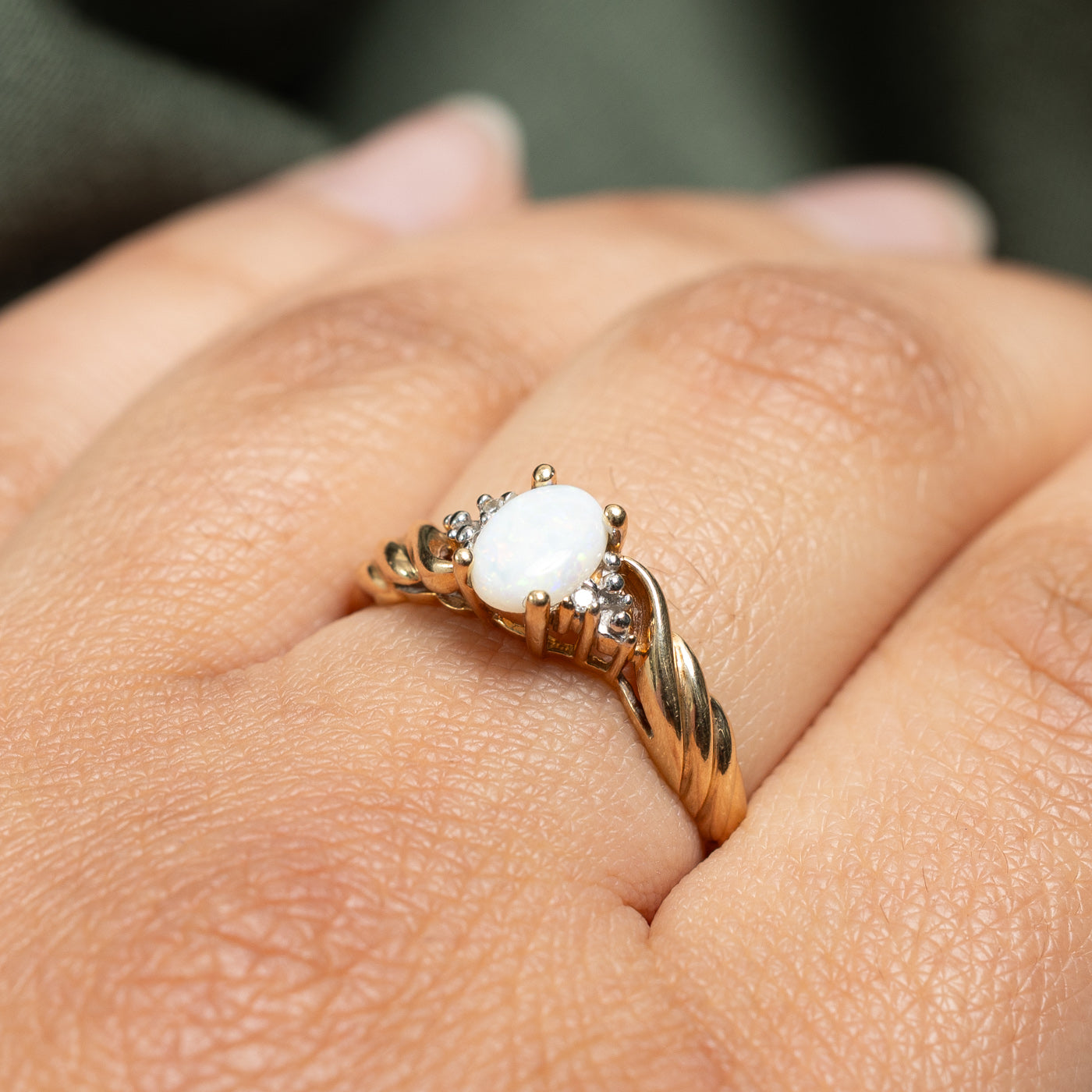 Opal and Diamond Twisted Ring - 0.40ct Opal with 0.01ctw Diamonds - Size 7.75 - Elegant Wedding, Anniversary or Gift Jewelry for Women