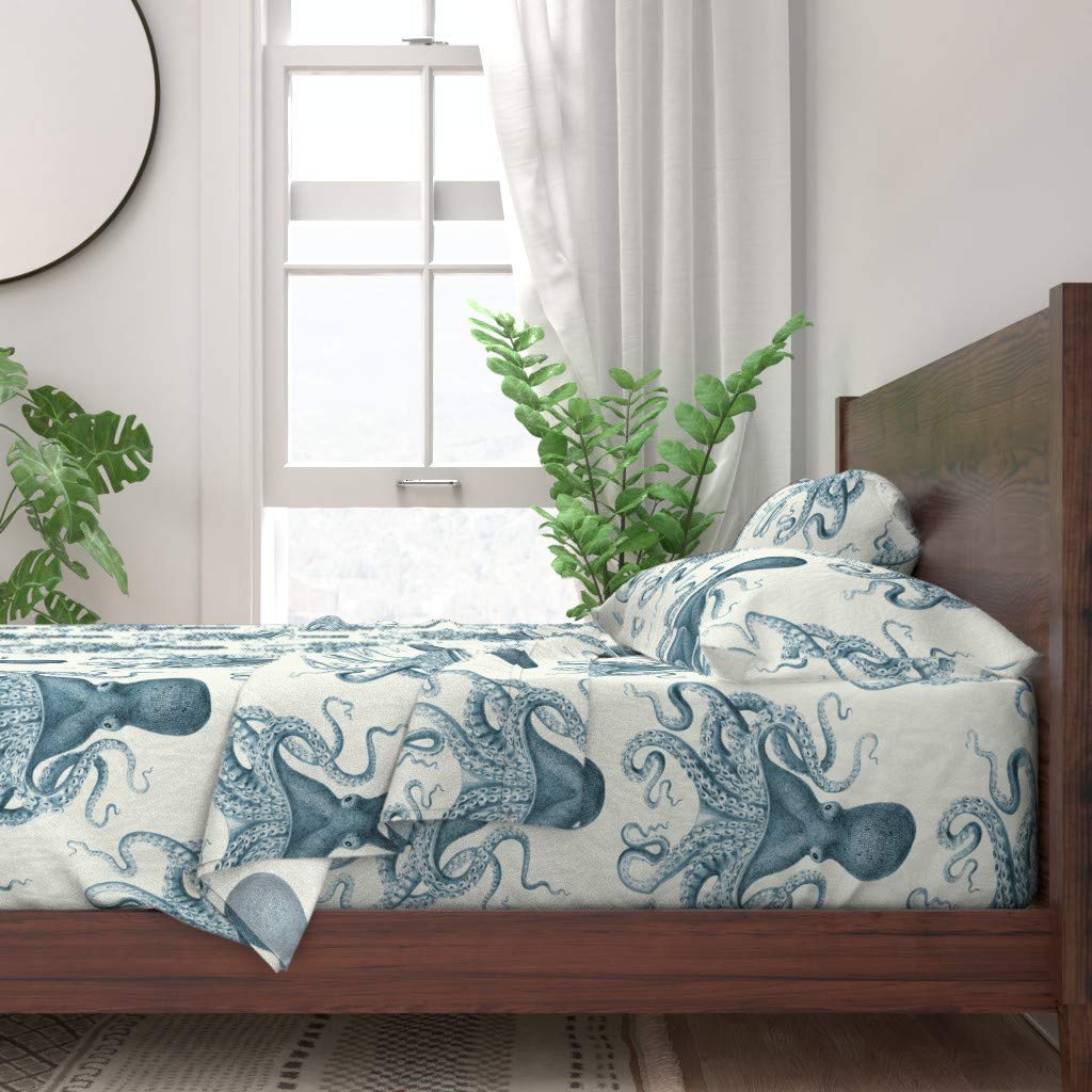 Octopus Sea Coastal Vintage Beach Print 100% Cotton Twin 3-Piece Bedding Set | Nautical Themed Custom Sheets for Summer & Coastal Decor | Perfect for Beach House, Guest Room & Kids' Bedroom