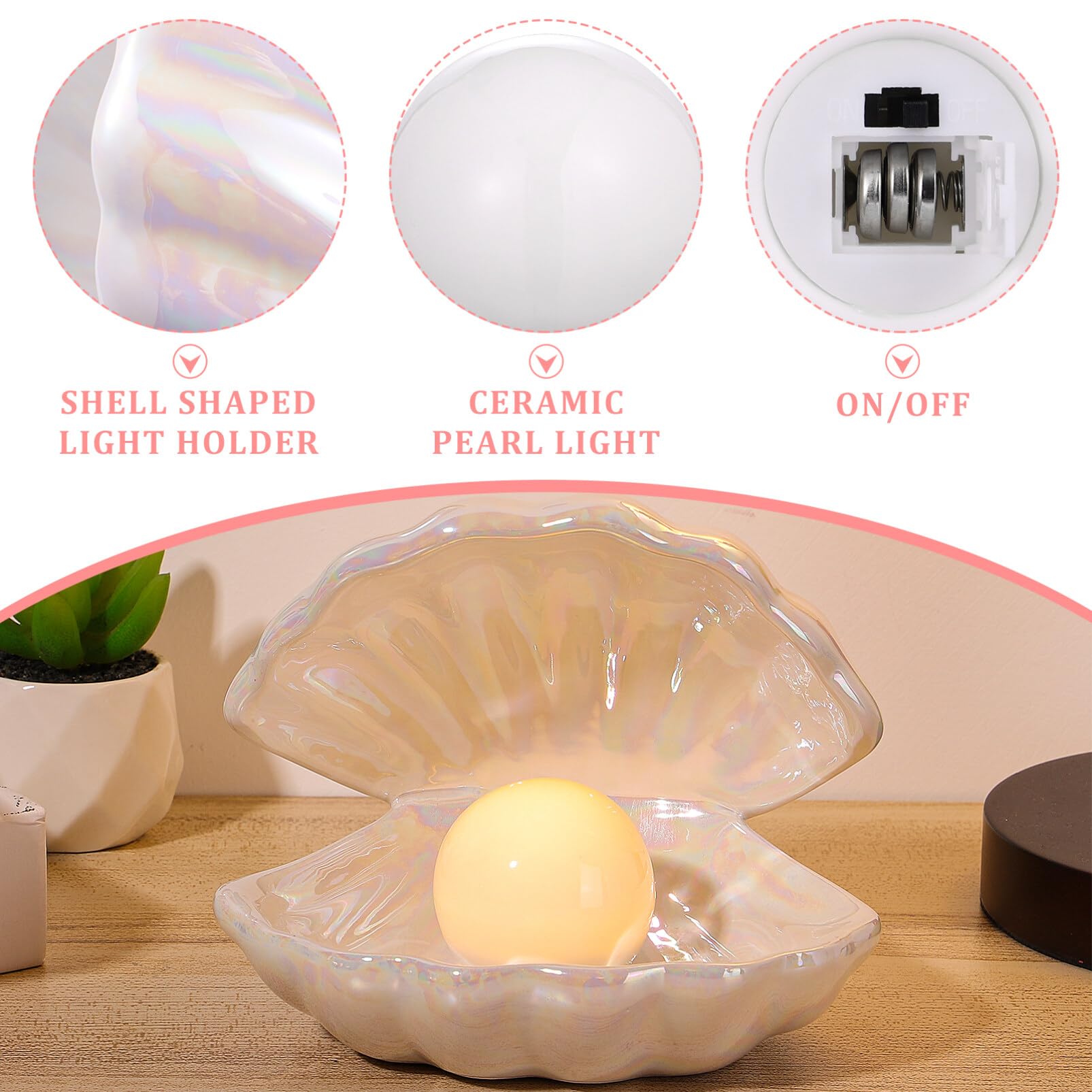Natural Pearl in Shell Night Light - Ceramic Desktop Lamp for Bedroom, Living Room & Nursery Decor | Soothing Ambient Lighting for Relaxation & Sleep