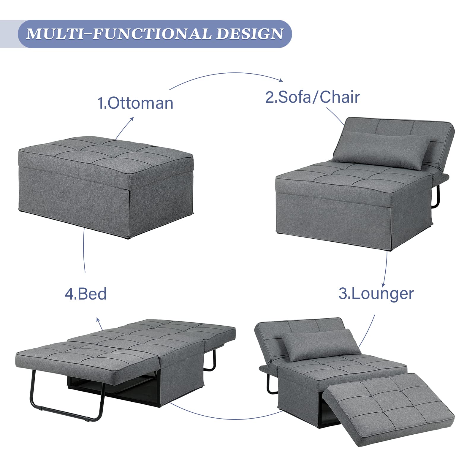 Saemoza 4-in-1 Convertible Sofa Bed - Multi-Functional Folding Ottoman Sleeper with Adjustable Backrest, Modern Space-Saving Furniture for Living Room, Small Apartment, Guest Room & Home Office - Light Gray
