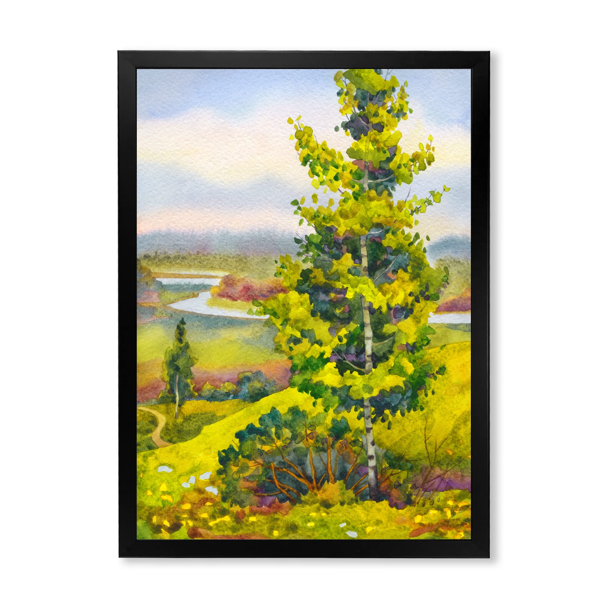 Vibrant Orange Birch Trees Wall Art - Framed Lake House Painting for Living Room, Bedroom & Office Decor | Calm Bay Landscape Canvas Print