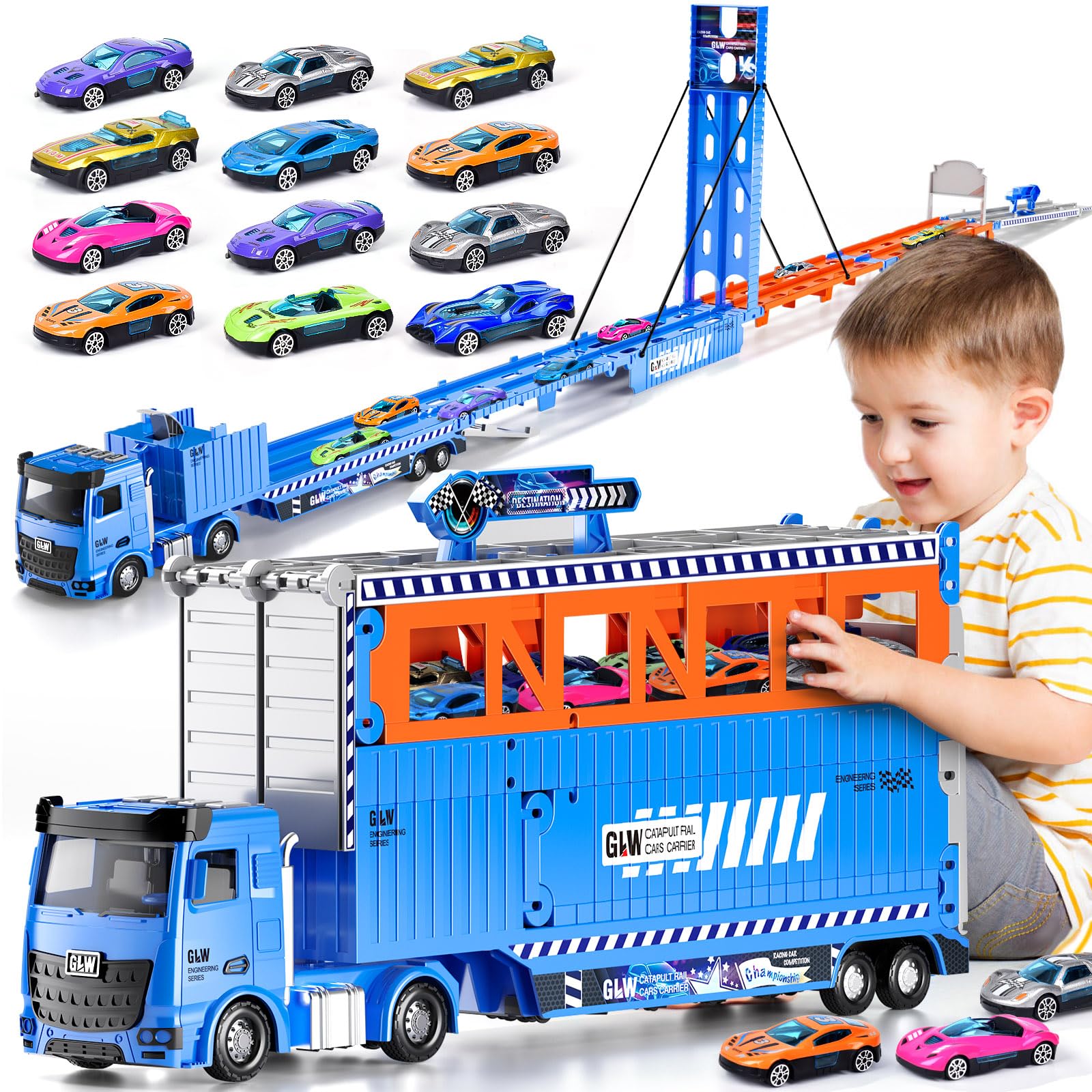 **Best Toddler Toys for 3-6 Year Old Boys - 79-Inch Race Track with 12 Die-Cast Toy Cars & Transport Truck - Perfect Gift for Kids Birthday, Christmas & Playtime Fun**    *(Use Case: Ideal for indoor/outdoor play, birthday parties, and holiday gifts for toddlers who love cars and racing adventures.)*
