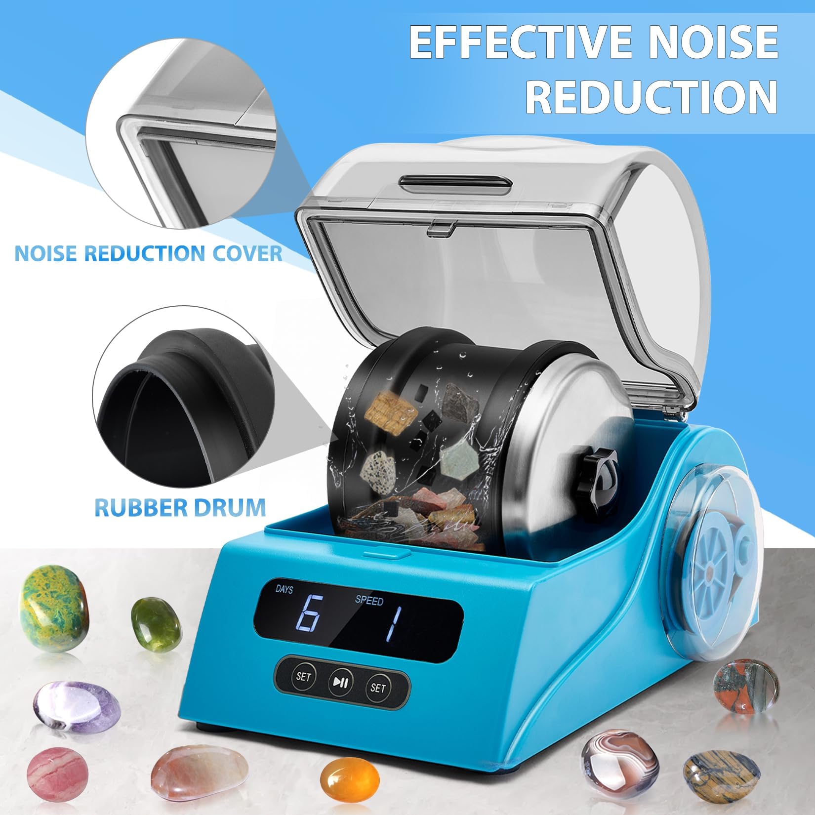 Premium Rock Tumbler Kit for Adults & Kids - Quiet Noise Reduction Cover, Adjustable Speed & Timer, 4 Polishing Grits, Rough Gemstones - Complete Rock Polishing Science Kit for Geology Enthusiasts (Blue) - Perfect for Home Science Projects, Classroom Learning & DIY Jewelry Making
