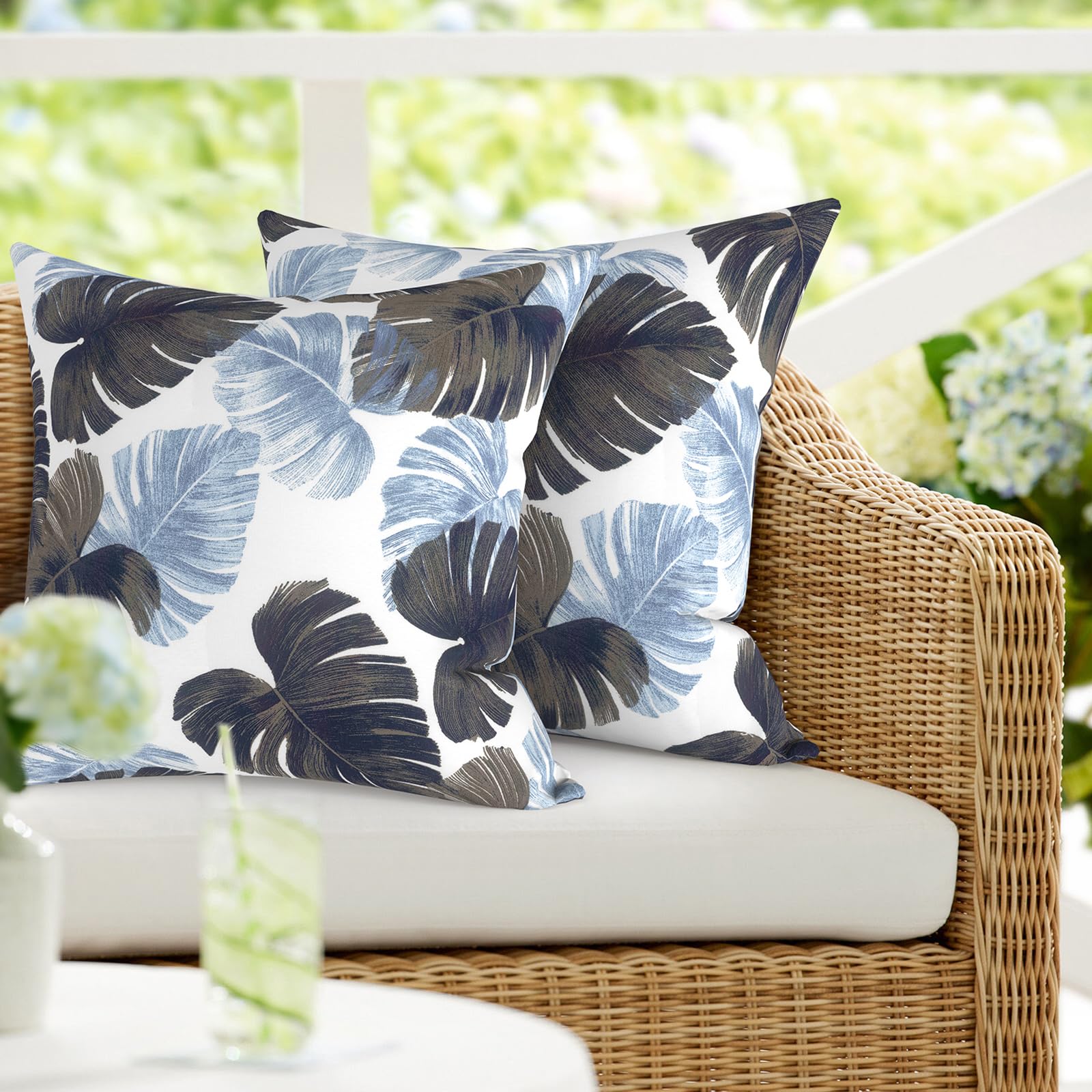 2 Pack Waterproof Outdoor Throw Pillows with Inserts - 18x18 Inch Square Decorative Cushions for Patio, Sofa, Bench & Garden Furniture (Monstera Blue) - Perfect for Backyard Lounging, Poolside Relaxation & Outdoor Decor