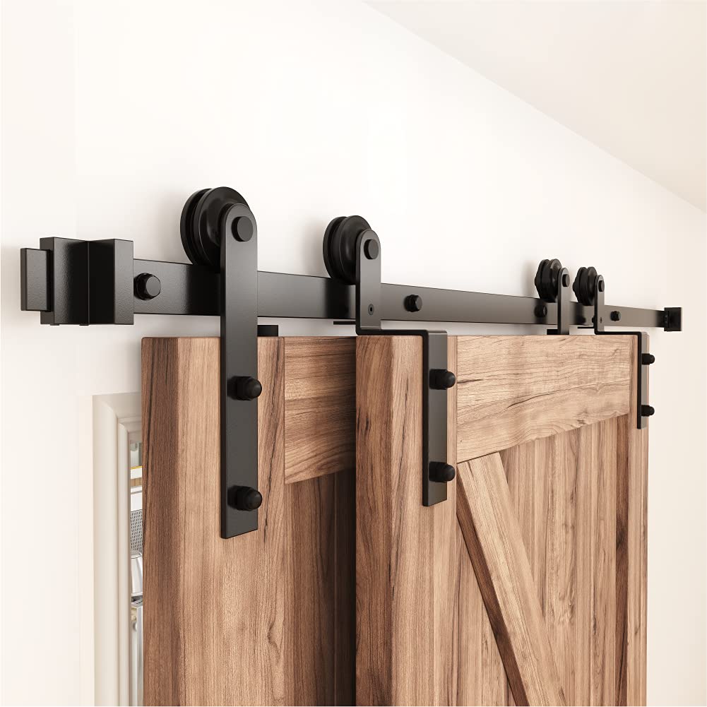 ZEKOO 4FT Bypass Sliding Barn Door Hardware Kit - Single Track System for Double Wooden Doors with Flat Track Rollers | Low Ceiling Compatible One-Piece Rail (4FT Single Track) | Perfect for Bedroom, Closet & Farmhouse Style Interior Doors