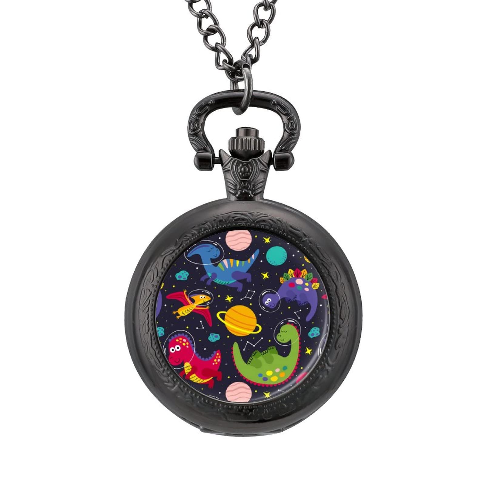 Vintage Dinosaur in Space Pocket Watch Necklace - Retro Steampunk Pendant with Chain - Unique Fashion Gift for Women & Men - Perfect for Cosplay, Costume Parties & Collector's Display