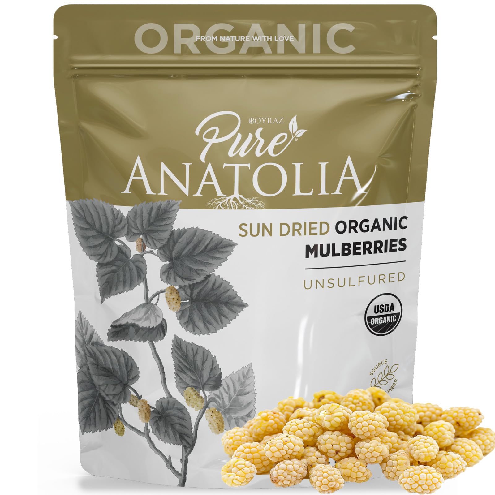 Pure Anatolia 100% Organic Sun-Dried White Mulberries - Non-GMO, No Sugar Added, Sulfur-Free, Healthy Whole Fruit Fiber Snack - 5oz Resealable Bag | Perfect for Smoothie Bowls, Yogurt Toppings & Healthy On-the-Go Snacking