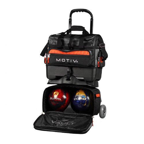 Motiv Vault 4 Ball Roller Bowling Bag - Black/Orange - Durable Bowling Ball Carrier with Wheels for League Play & Tournament Travel