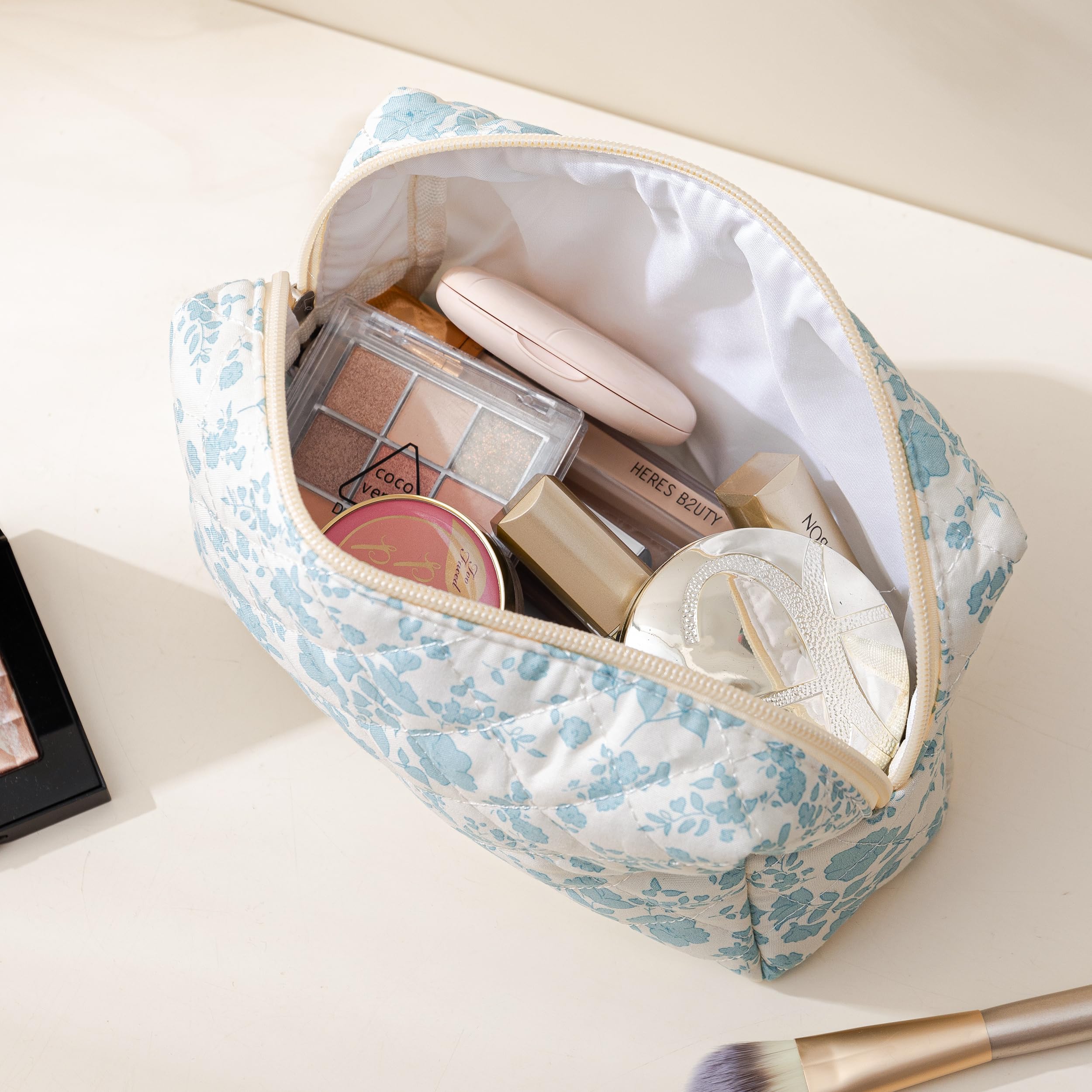 HBselect Quilted Makeup Bag for Women - Large Travel Cosmetic Organizer with Floral Design, Cotton Toiletry Bag for Girls (Blue Flower) | Perfect for Travel, Gym & Daily Essentials Storage