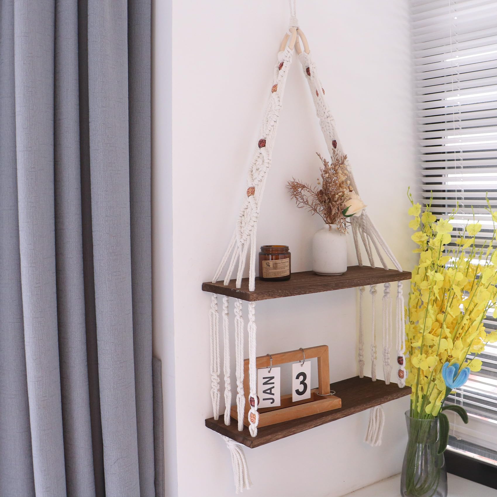 Boho Wall Hanging Shelves - Macrame Floating Wood Shelf for Plants & Photos - Decorative Storage for Bedroom, Living Room & Apartment Decor (Black) | Perfect for Small Space Organization & Boho Chic Home Styling