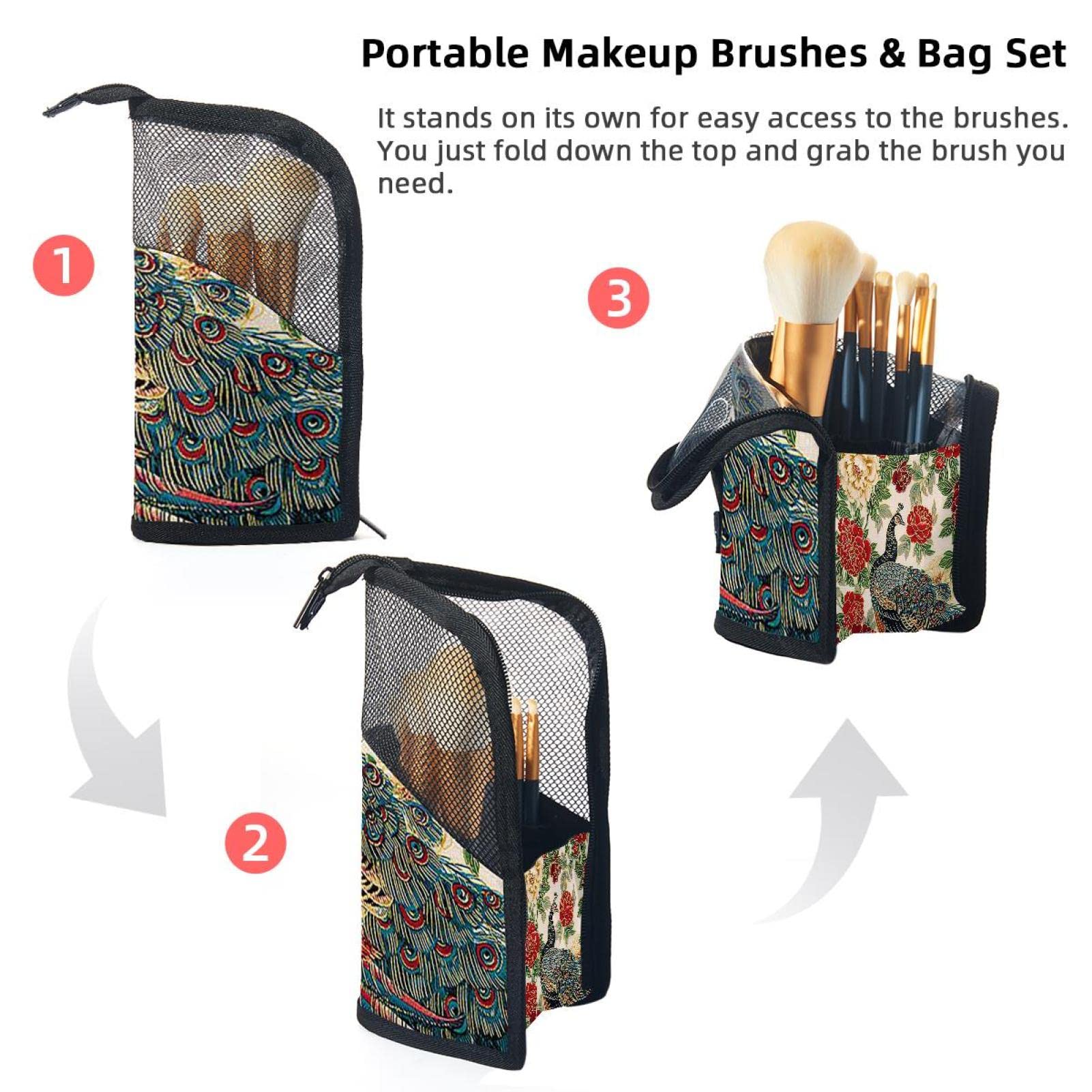 12-Piece Makeup Brush Organizer Bag with Peacock Flower Design - Portable Travel Cosmetic Brush Holder Case for Professional Makeup Artists & Beauty Enthusiasts - Perfect for Home, Travel, and Salon Use
