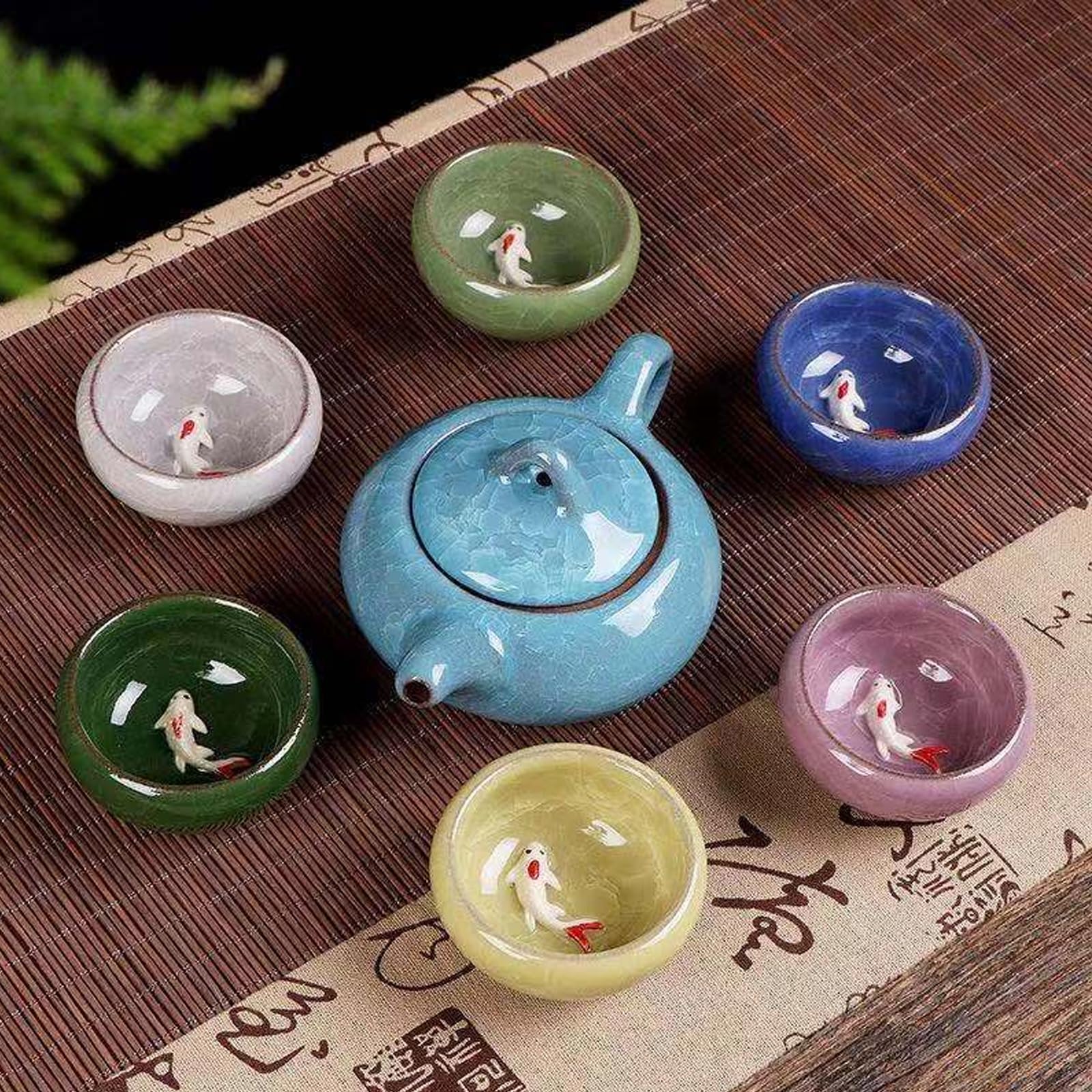 Handmade Chinese Cracked Ceramic Tea Set - Vintage Koi Fish Design Kung Fu Teapot with 6 Matching Cups, Colorful Porcelain Gift Set | Perfect for Tea Ceremonies, Home Decor & Asian Tea Culture Enthusiasts