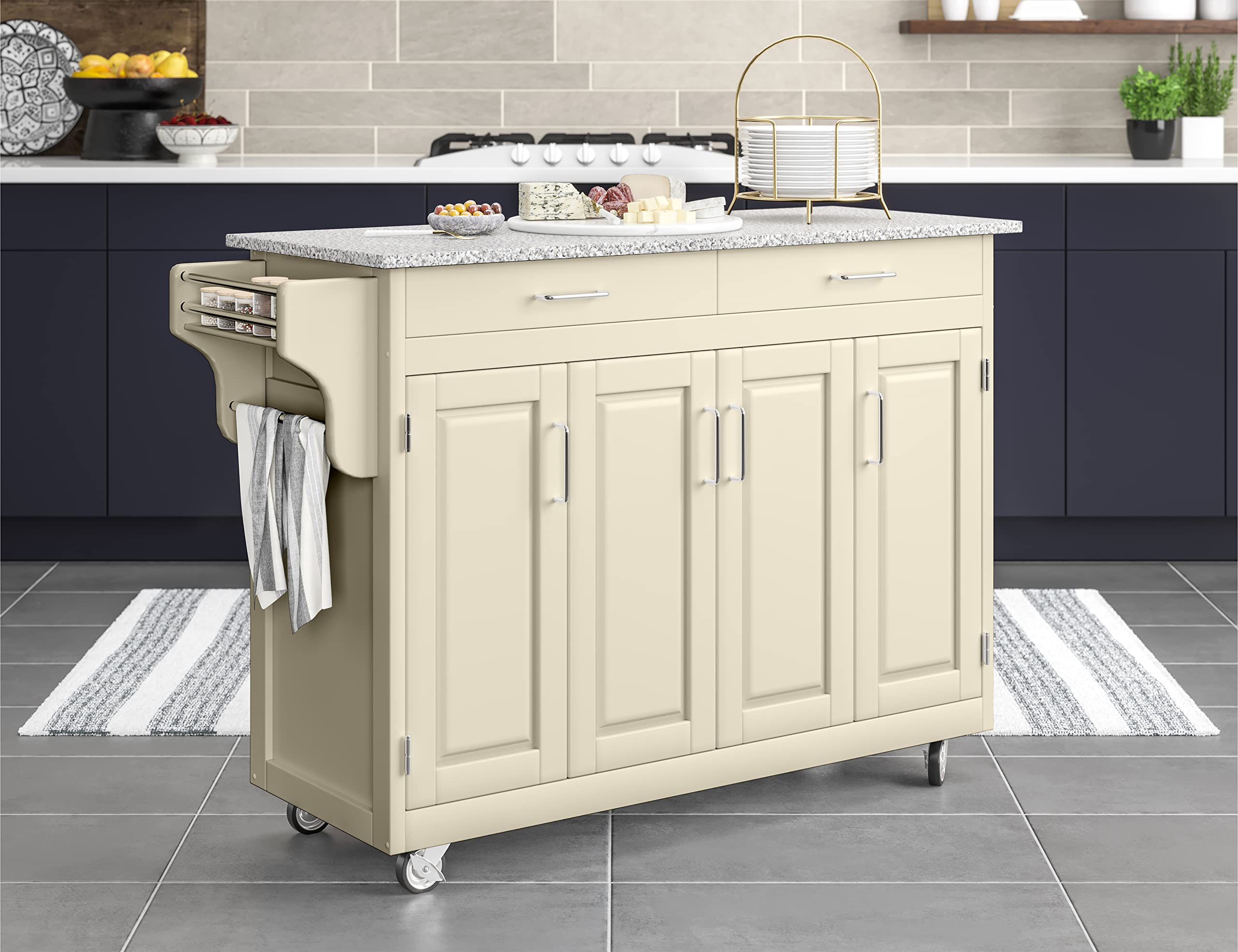 Homestyles Kitchen Cart with Gray Granite Top & Off White Frame - Rolling Island for Small Spaces, Extra Counter Space & Storage - Perfect for Apartments, Dorms & Compact Kitchens