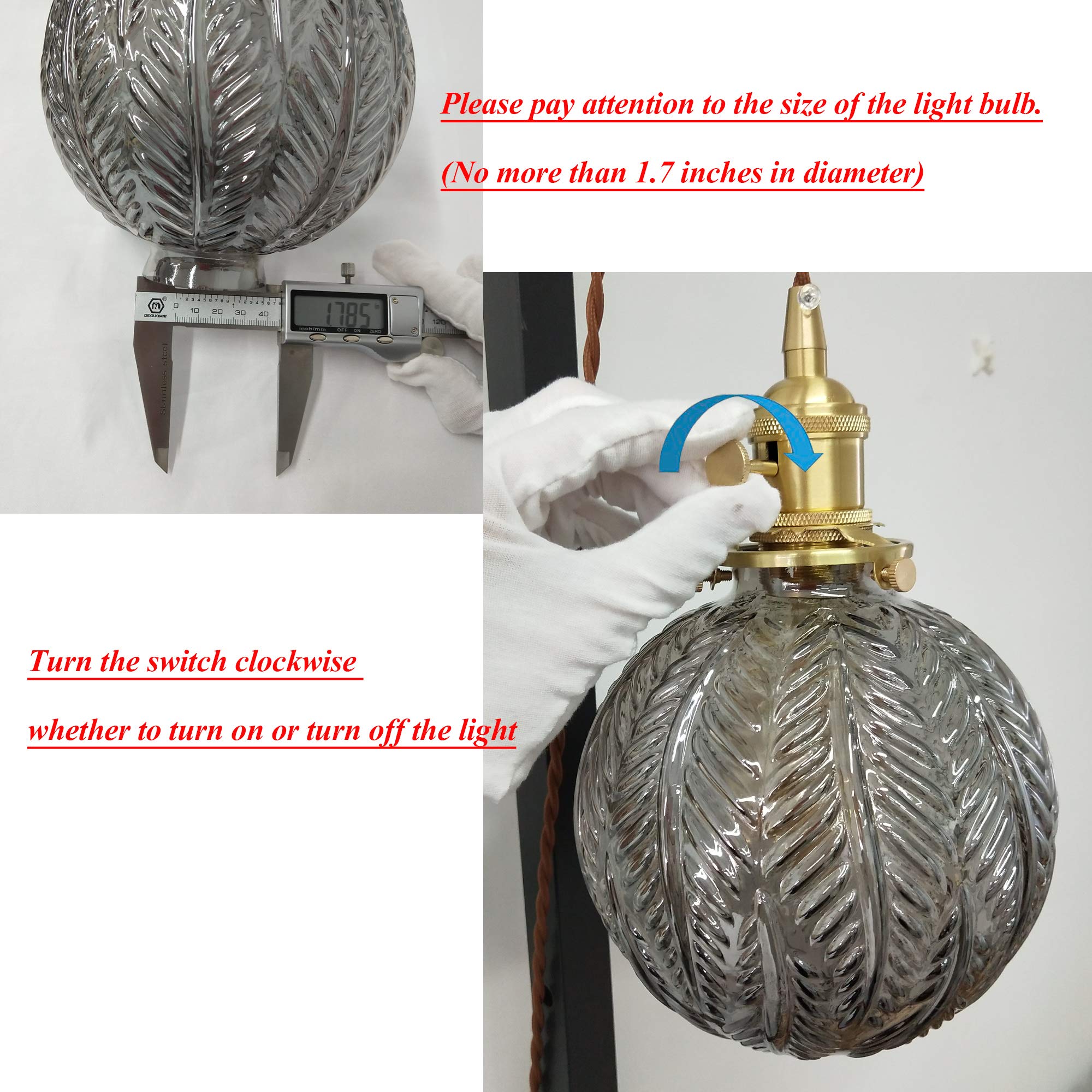Plug-in Hanging Swag Lamp with 15ft Brown Braided Cord - No Wiring Needed Pendant Light with UL Certified On/Off Dimmer Switch, Smokey Grey Glass Globe Shade & Copper Holder - Perfect for Bedroom, Living Room, Dining Room, and Cafe Decor