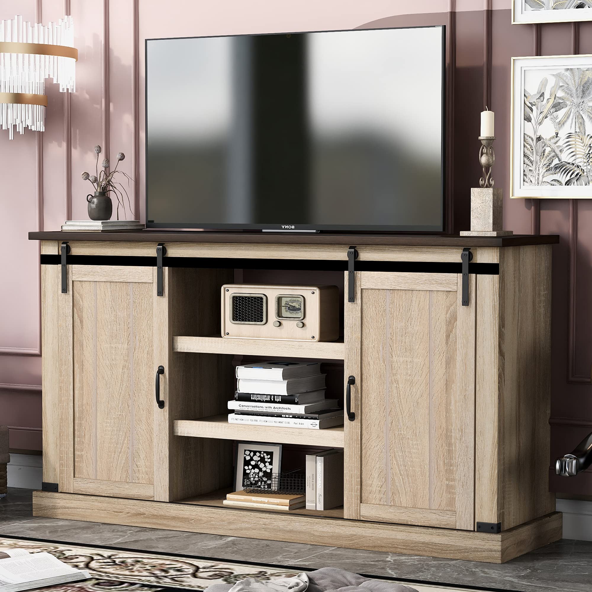 Farmhouse Sliding Barn Door TV Stand for 60-Inch TVs - 53-Inch Walnut Media Console with Storage Shelves - Perfect for Living Room & Bedroom Entertainment Centers