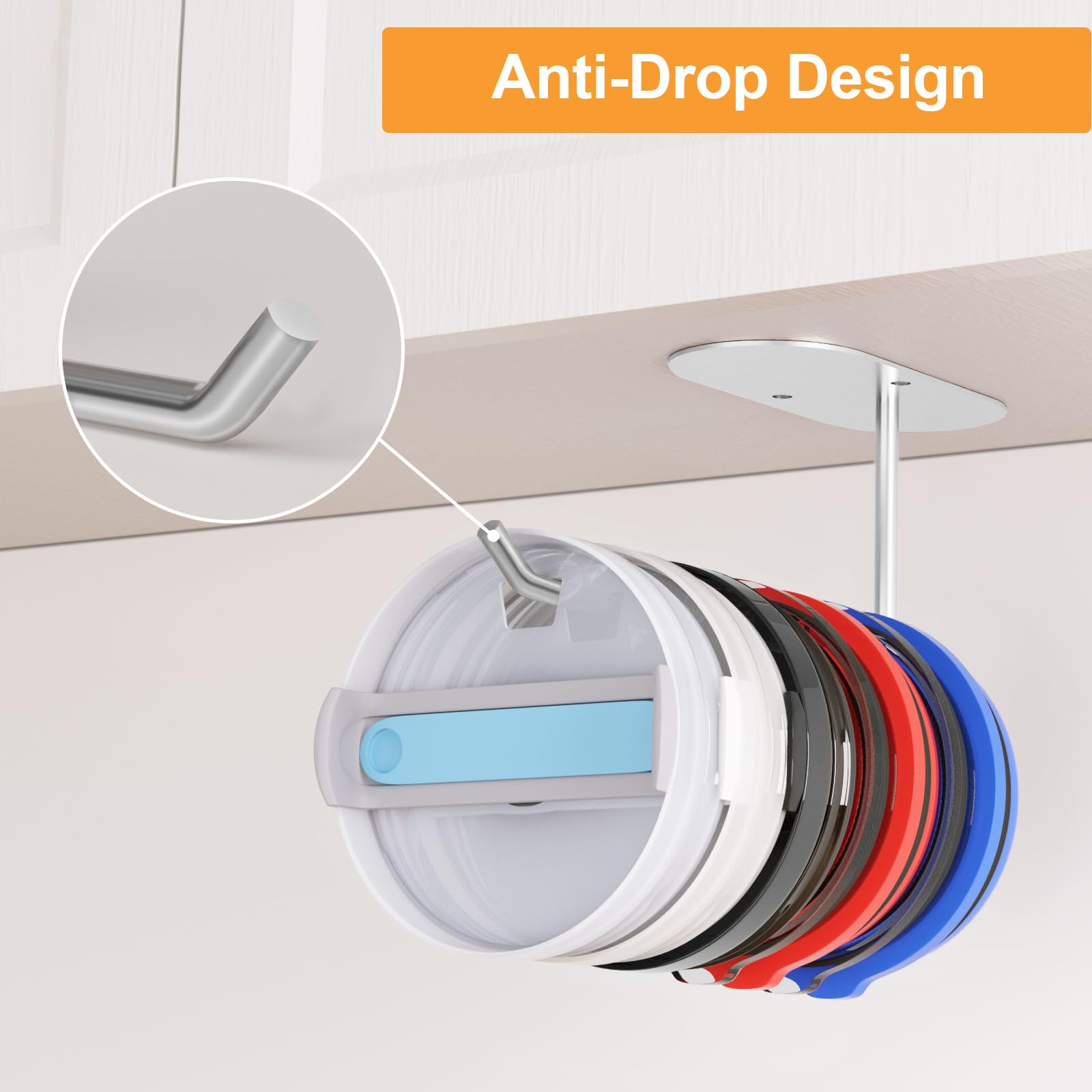 Space Saving Cup Lid Organizer Hook - Self-Adhesive or Drilling Tumbler Lid Storage for Yeti, Stanley & Simple Modern Tumblers - Perfect for Kitchen Cabinet, RV & Office Organization