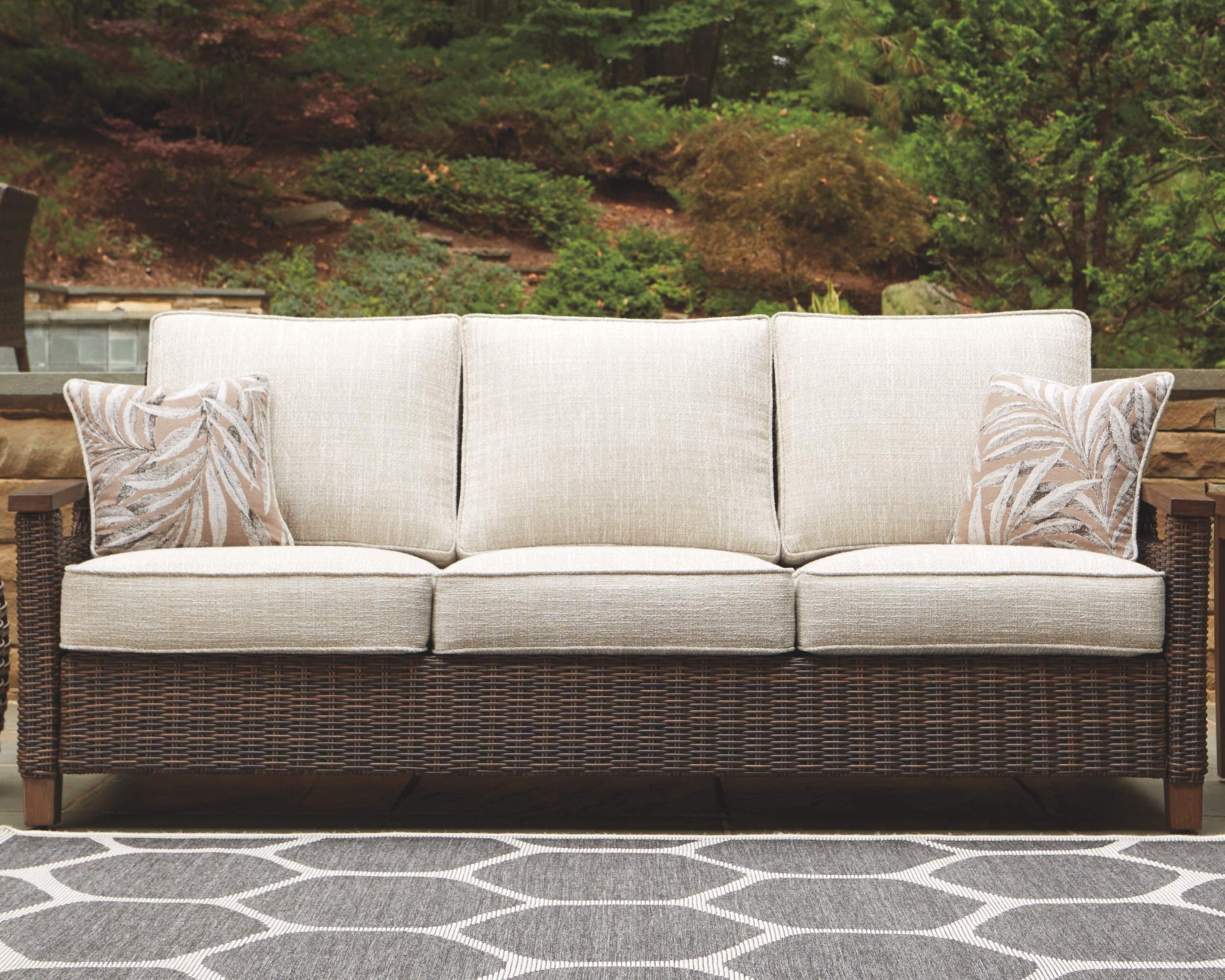 Signature Design by Ashley Paradise Trail Outdoor Patio Sofa Set with Weather-Resistant Cushion & 2 Decorative Pillows - Brown & Beige - Perfect for Backyard, Garden or Poolside Relaxation