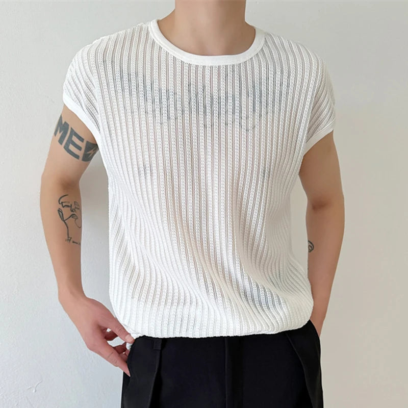 Korean Trendy Hollowed Out Knitted Vest for Men - Breathable Sleeveless Summer Top (Style 9C5941) | Perfect for Beach Outings, Music Festivals & Casual Streetwear