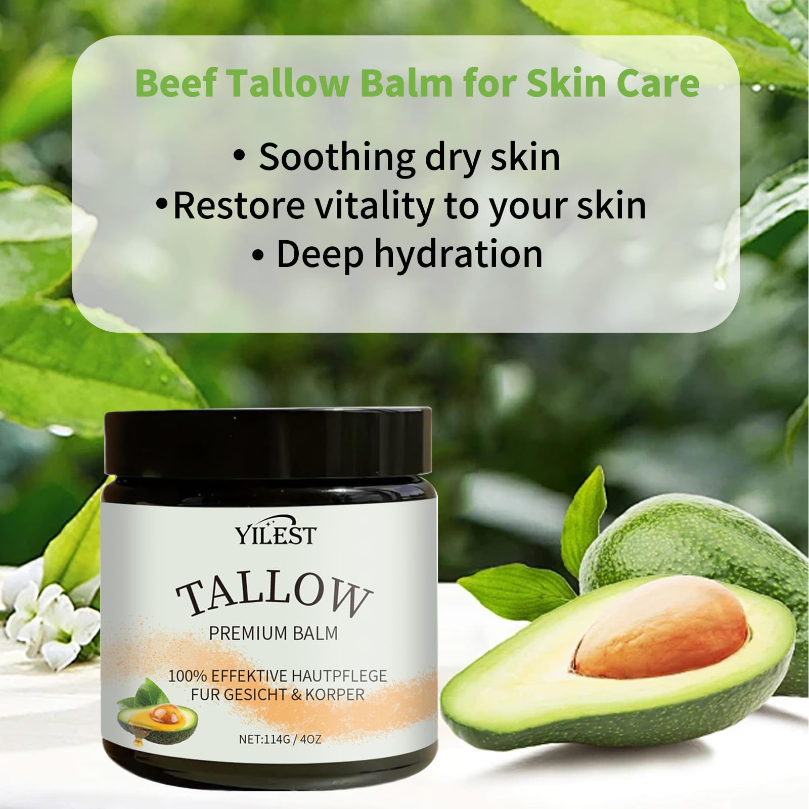Organic Beef Tallow Balm for Dry & Sensitive Skin - Natural Face & Body Moisturizer with Avocado Oil - Deep Hydration for Cracked Skin - Fast Absorbing Lotion for Eczema & Psoriasis Relief (4oz) - Perfect for Nighttime Skincare & Winter Dry Skin Care Routine