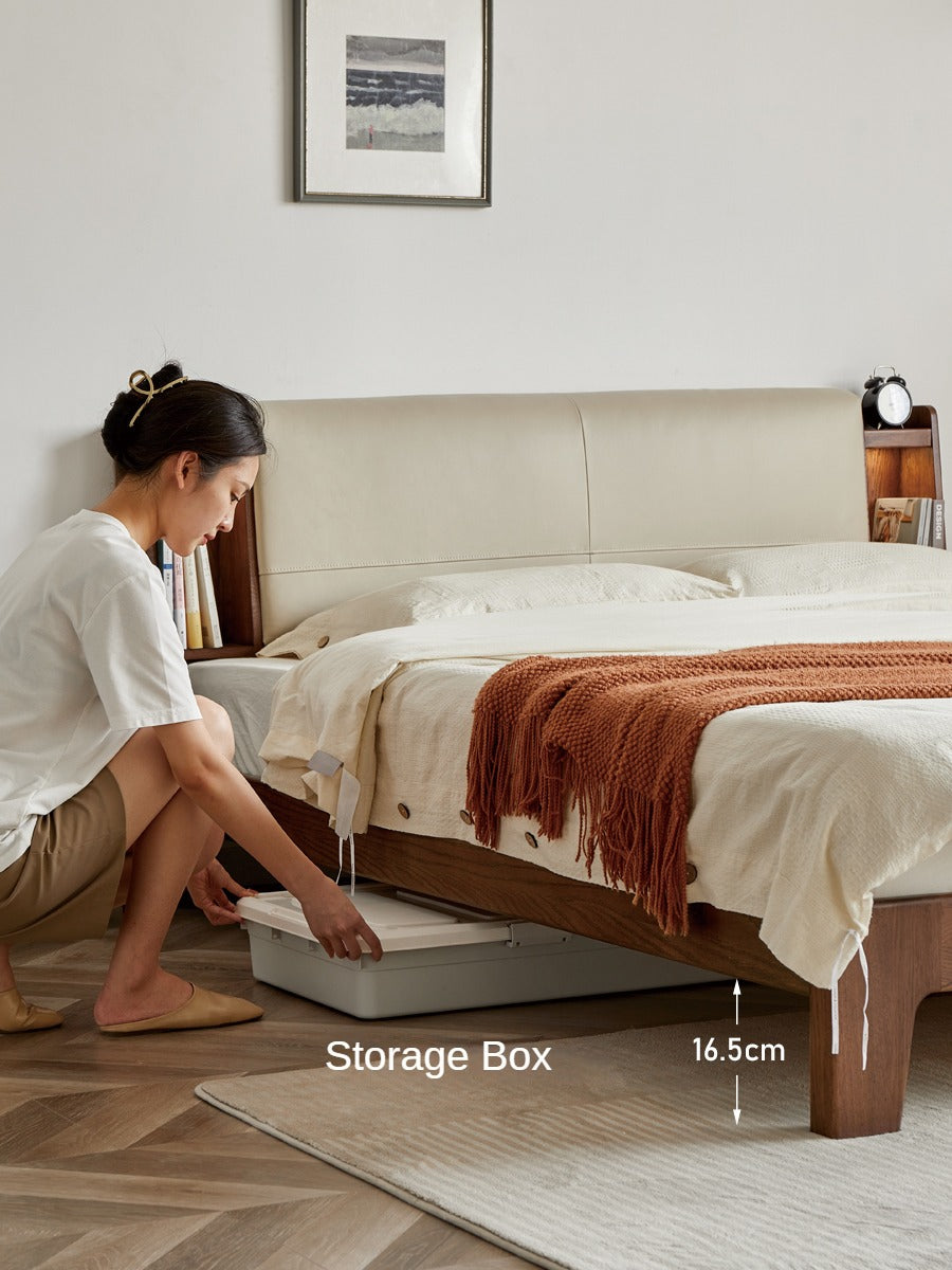 Solid Oak Wood Luminous Bed with Shelf - Genuine Leather & Technical Fabric Headboard - Modern Bedroom Furniture for Master Bedroom, Guest Room, or Dorm