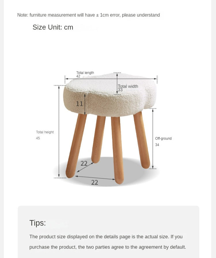 Solid Wood Makeup Stool - Beech & Birch with Lamb Velvet Upholstery | Cloud-Shaped Seat for Vanity, Dressing Room & Bedroom Decor