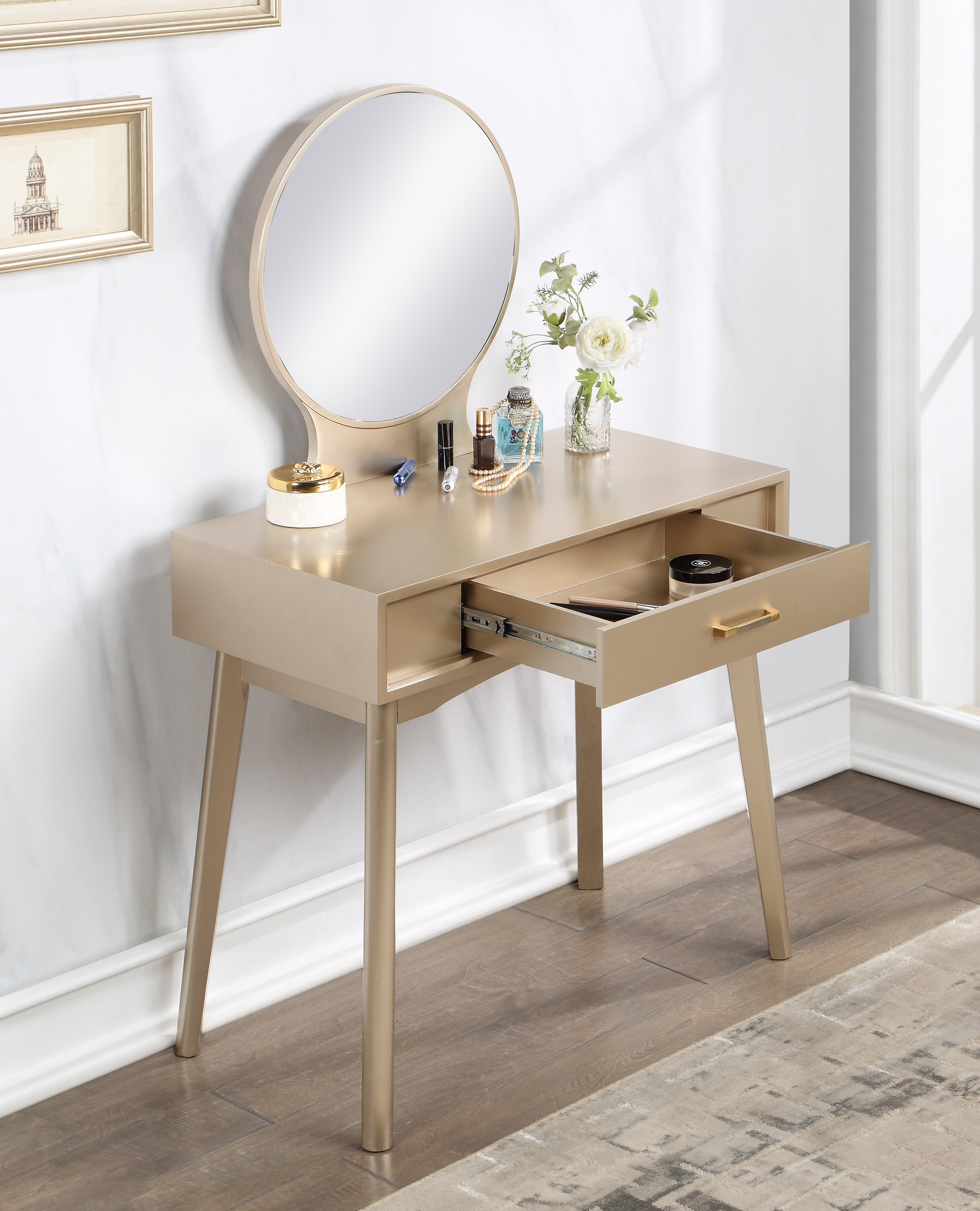 Roundhill Furniture Maly Contemporary Wood Vanity and Stool Set in Gold - Modern Dressing Table with Stool for Bedroom, Bathroom & Makeup Area