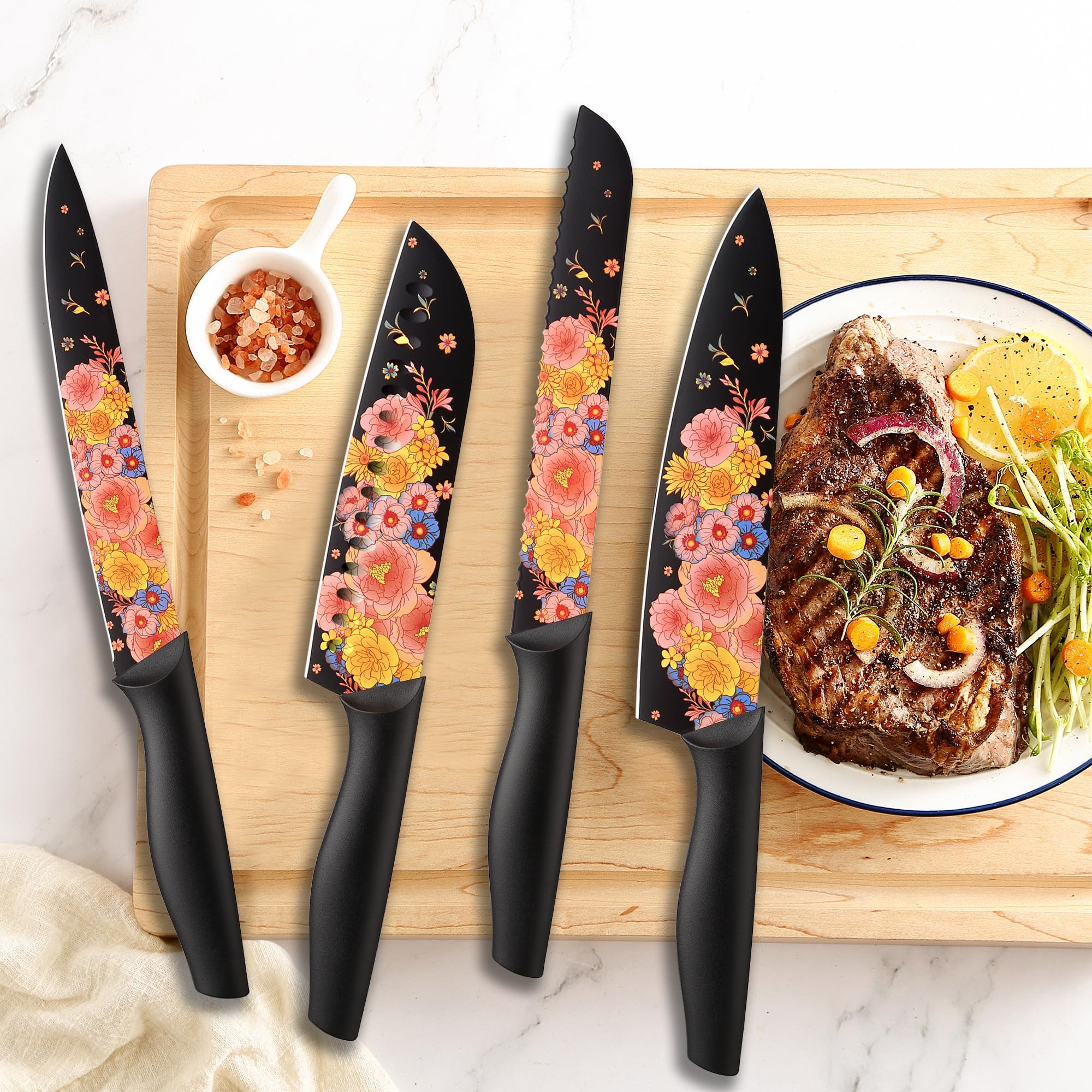 Marco Almond Knife Set - 6-Piece Stainless Steel Kitchen Knives with Blade Guards | Artistic Design, Dishwasher Safe | Perfect for Home Chefs & Professional Cooking | Ideal for Slicing, Dicing, and Food Prep