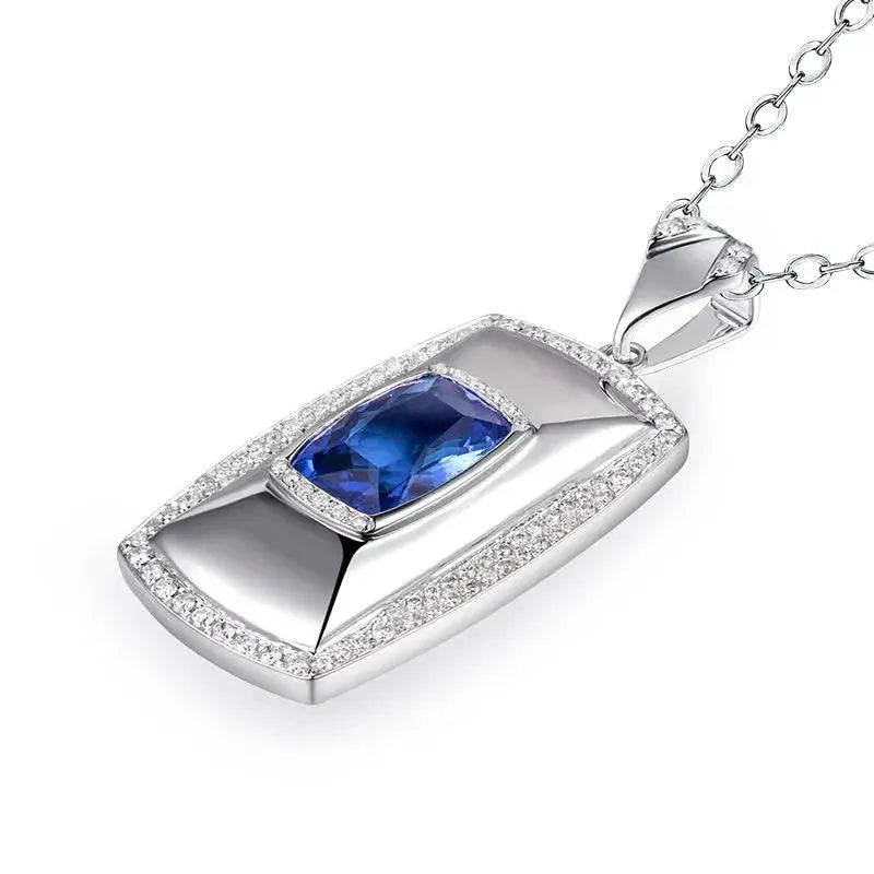18K White Gold Men's Tanzanite Diamond Pendant Necklace - 7x10mm Cushion Cut Natural Gemstone Jewelry Gift for Husband, Boyfriend, Anniversary & Special Occasions