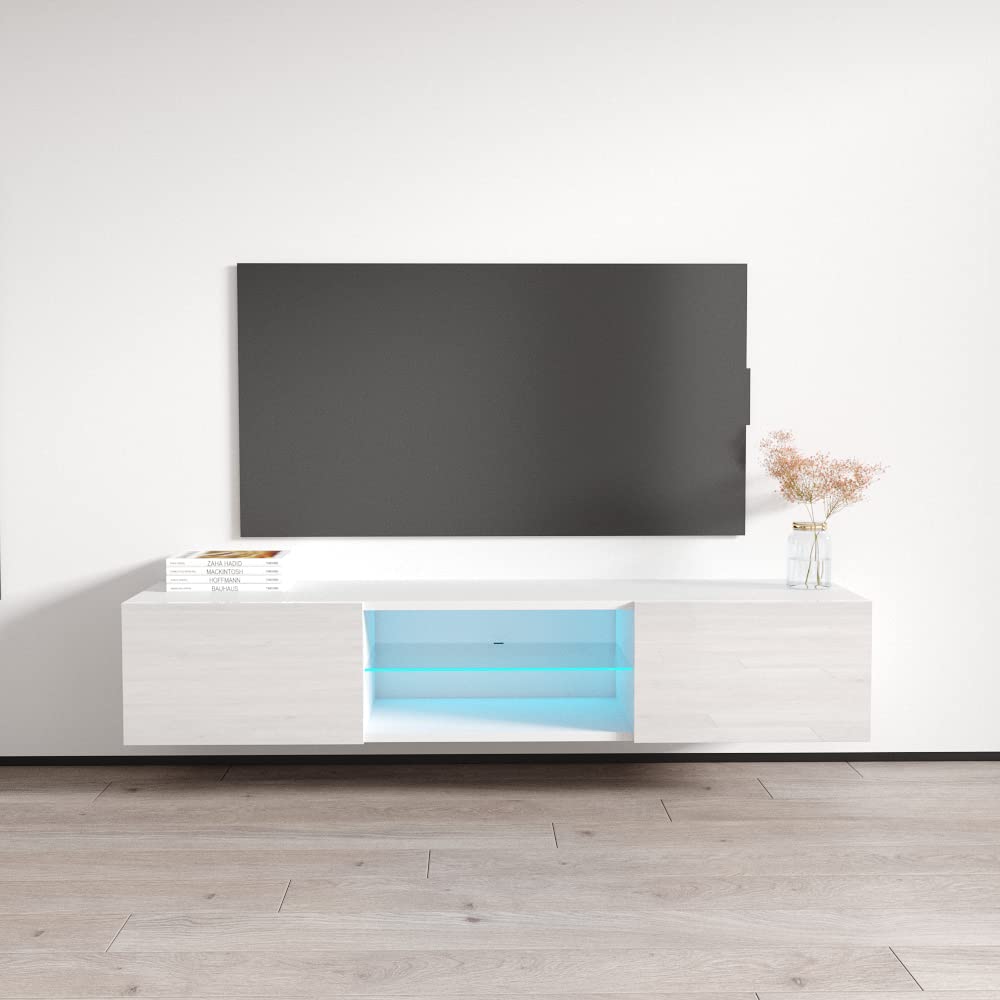 Modern Floating TV Stand with LED Lights & Storage - High Gloss White Entertainment Center for TVs Up to 70